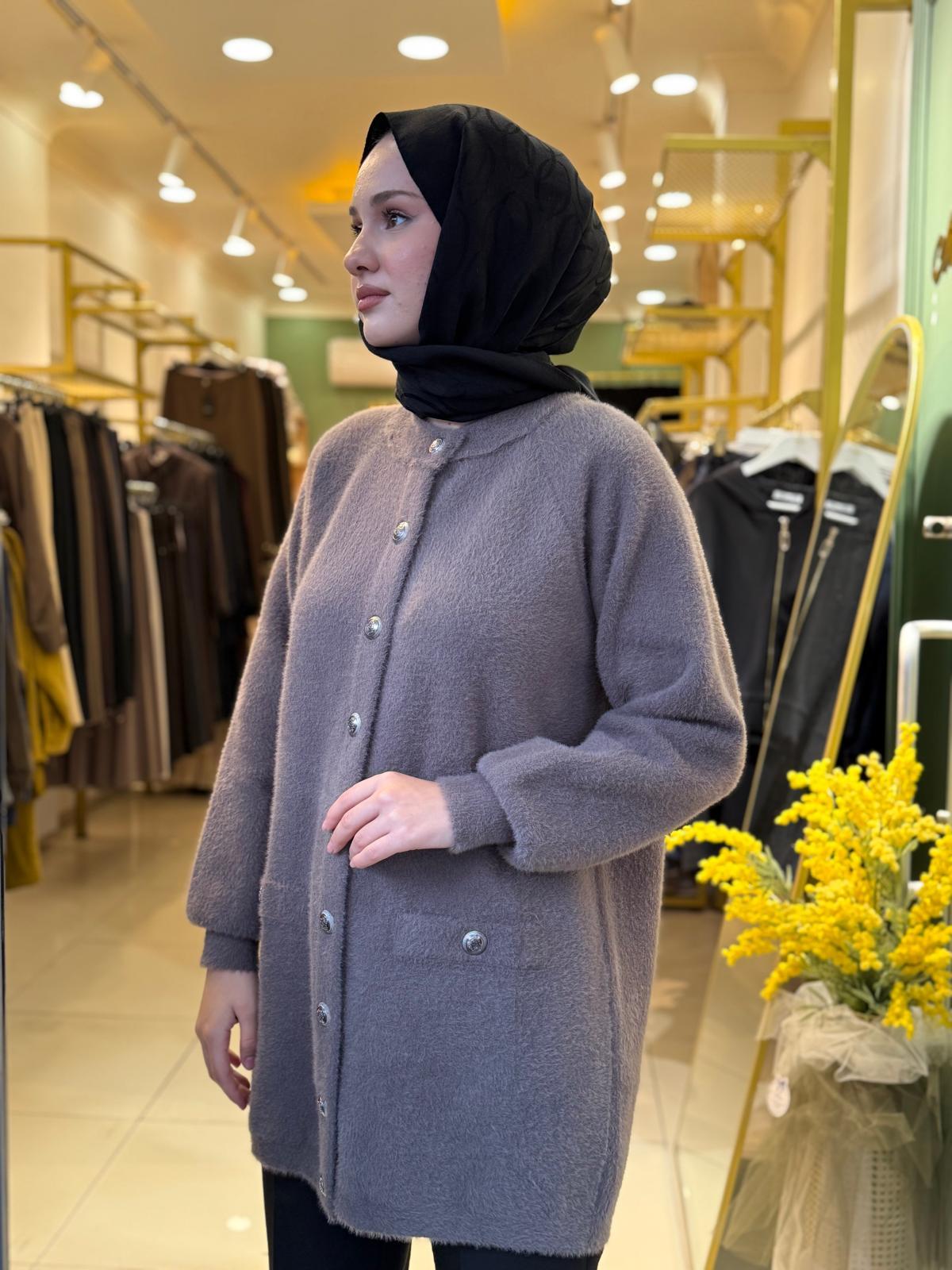 Nuss Düğme Detaylı Angora Hırka Füme