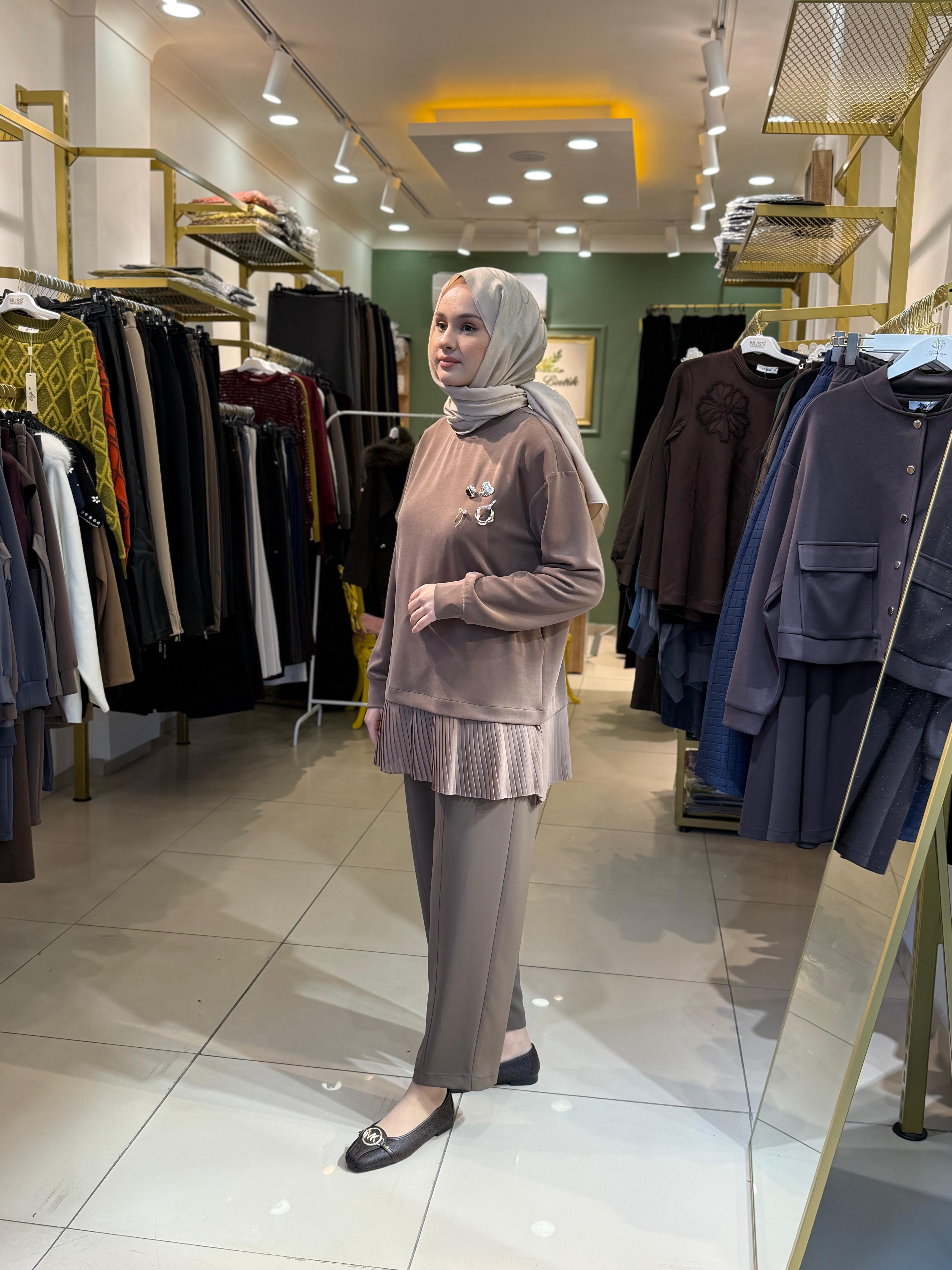 Sentez Elegance Beli Lastikli Dar Paça Pantolon vizon