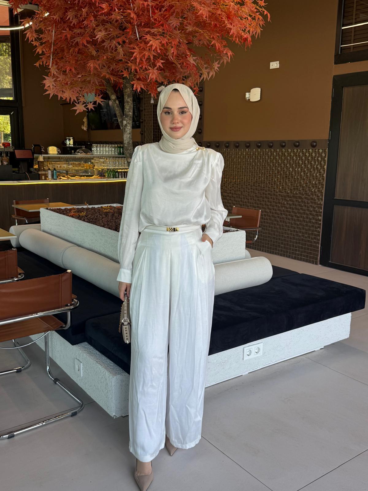 Miori Bois Taşlanmış İpek Pantolonlu Takım Ekru
