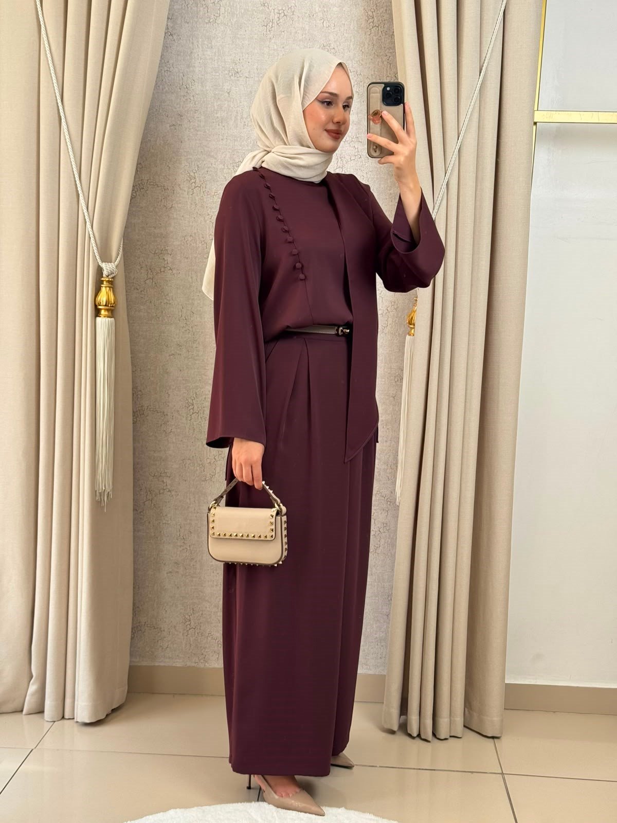 Miori Misse Brit Düğmeli  Pantolonlu Takım Bordo