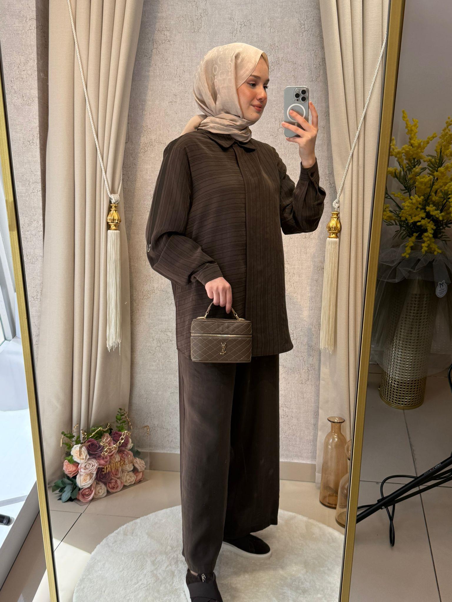 Nuss 1055 Çizgili Pantolonlu Takım Kahverengi
