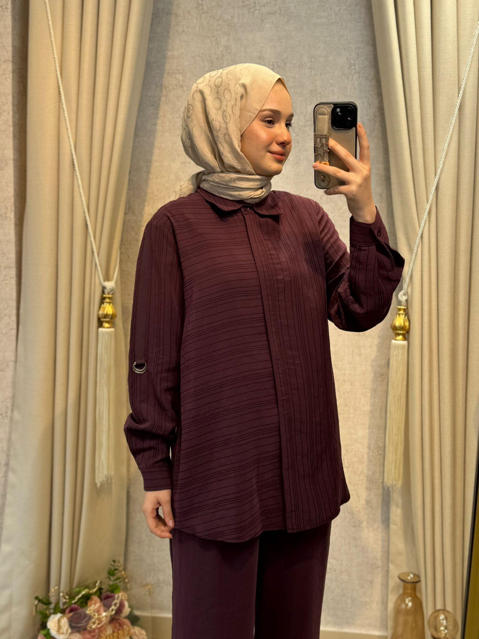 Nuss 1055 Çizgili Pantolonlu Takım MÜRDÜM