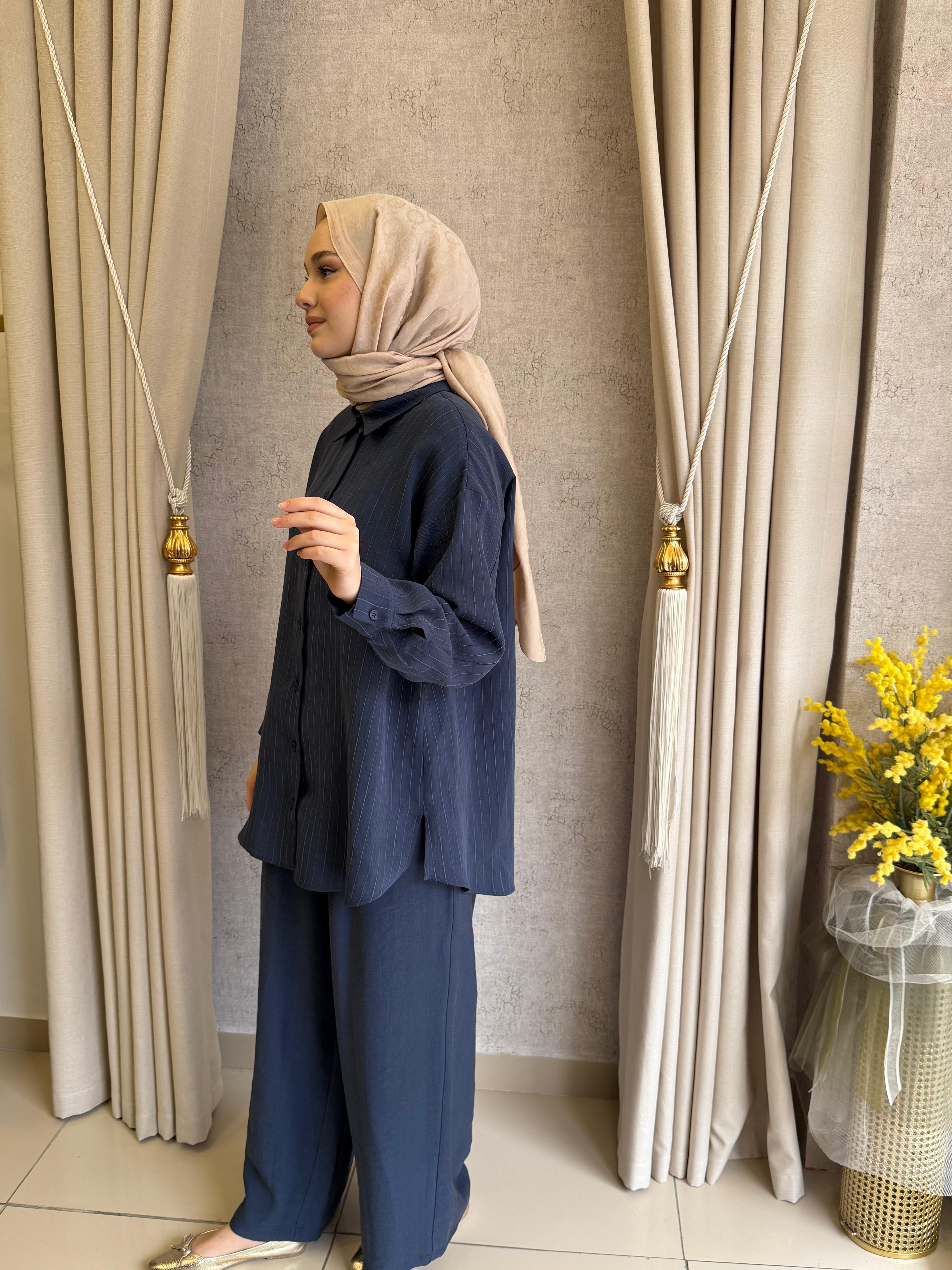 Nuss 1081 Kendinden Çizgili Pantolonlu Takım İndigo