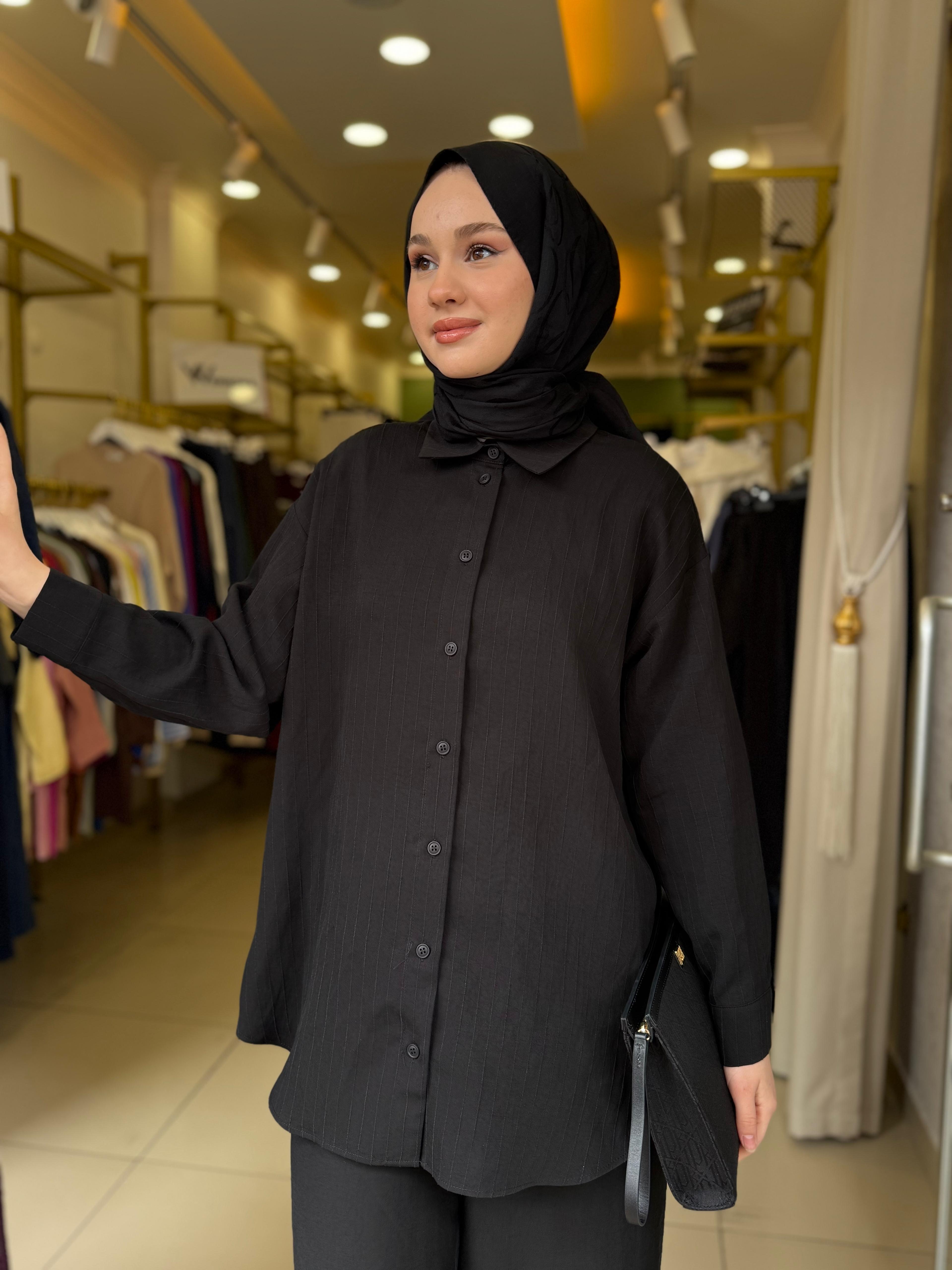 Nuss 1081 Kendinden Çizgili Pantolonlu Takım Siyah