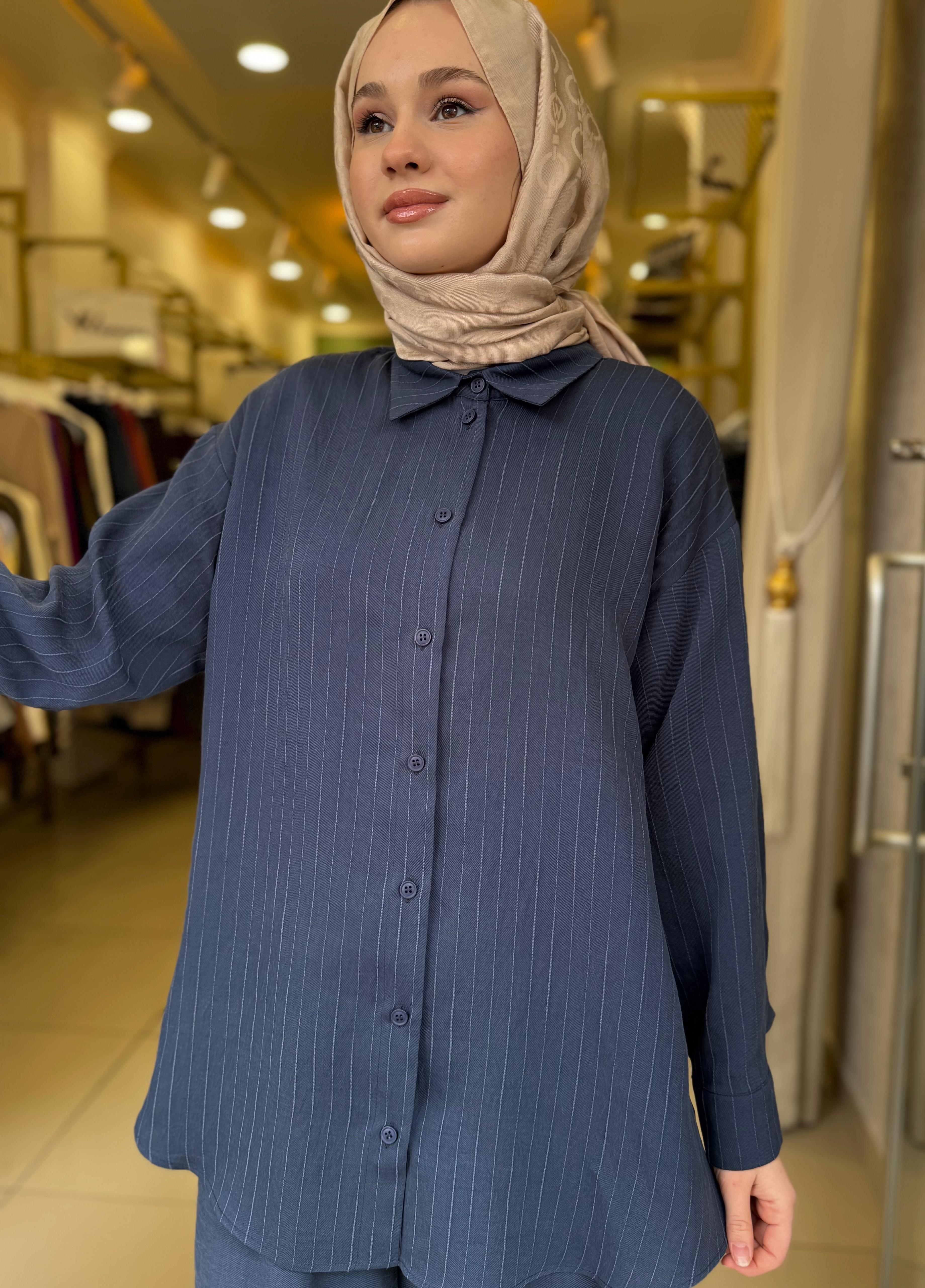 Nuss 1081 Kendinden Çizgili Pantolonlu Takım İndigo