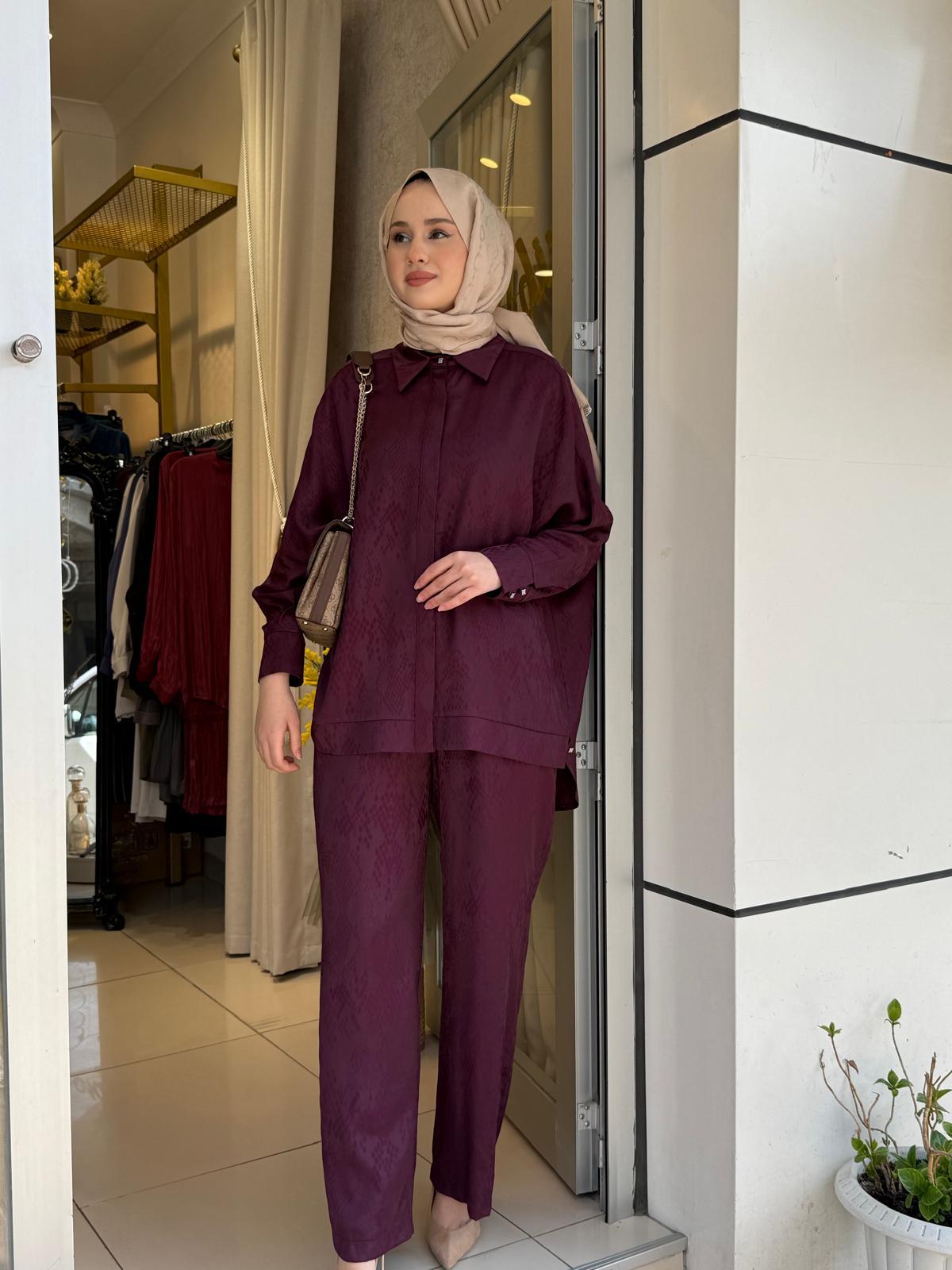 Tığ Triko 5021 Desen Mixli Pantolonlu Takım Bordo