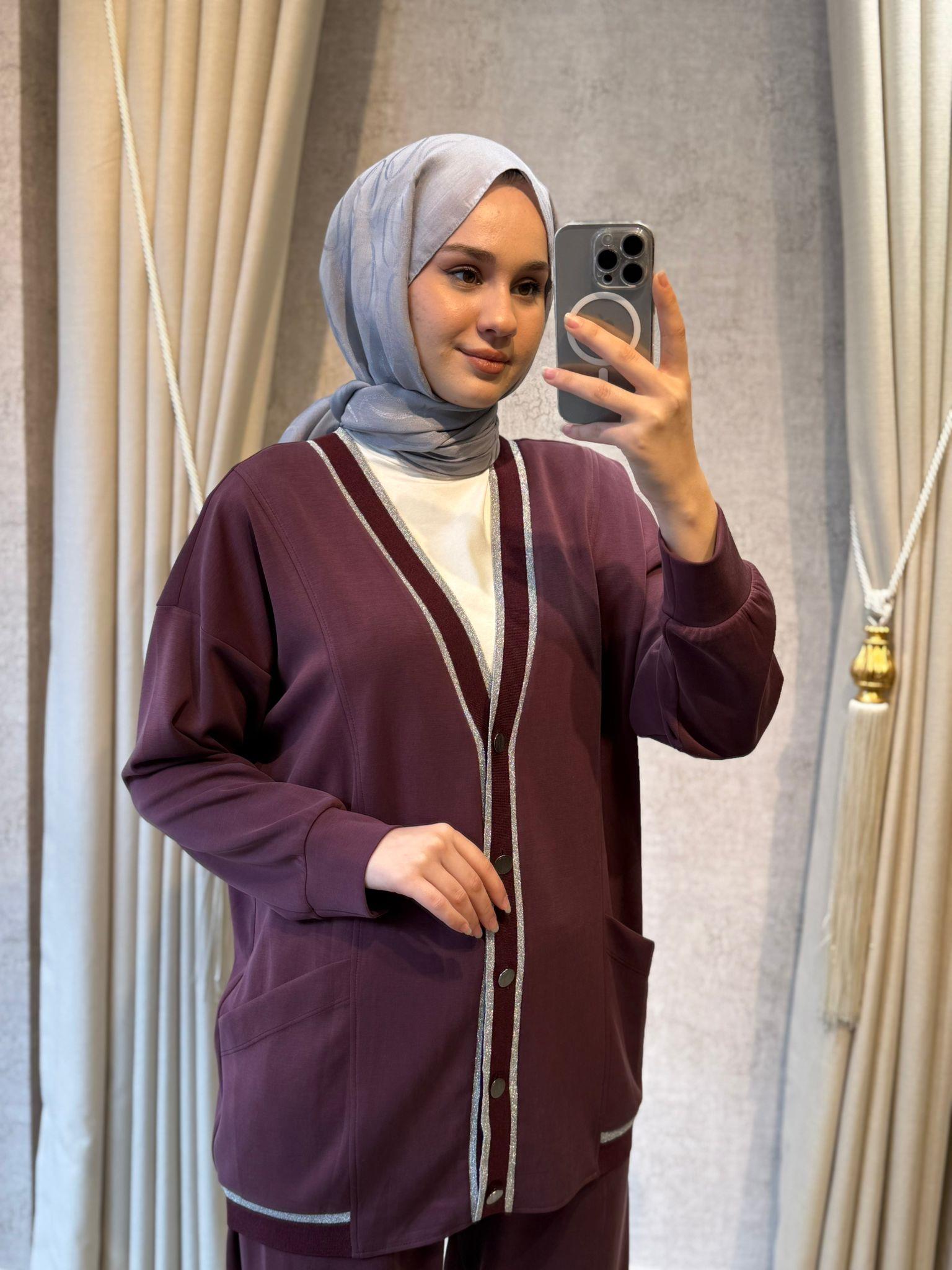 Tığ Triko 5092 Sim Çizgi Ribanalı Pantolonlu Takım Bordo