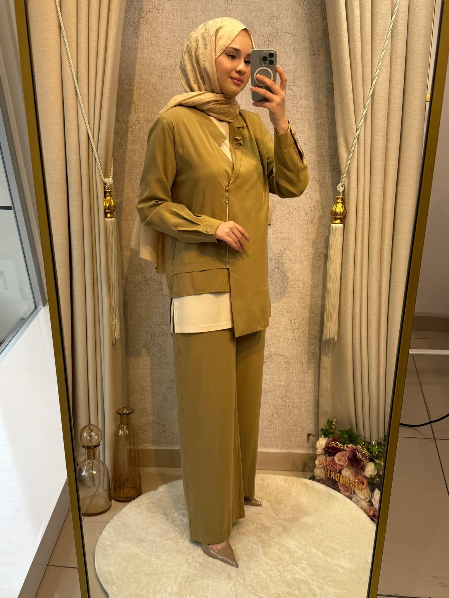 Tığ Triko 5099 Asimetrik Yakalı 3lü Pantolonlu Takım Olive
