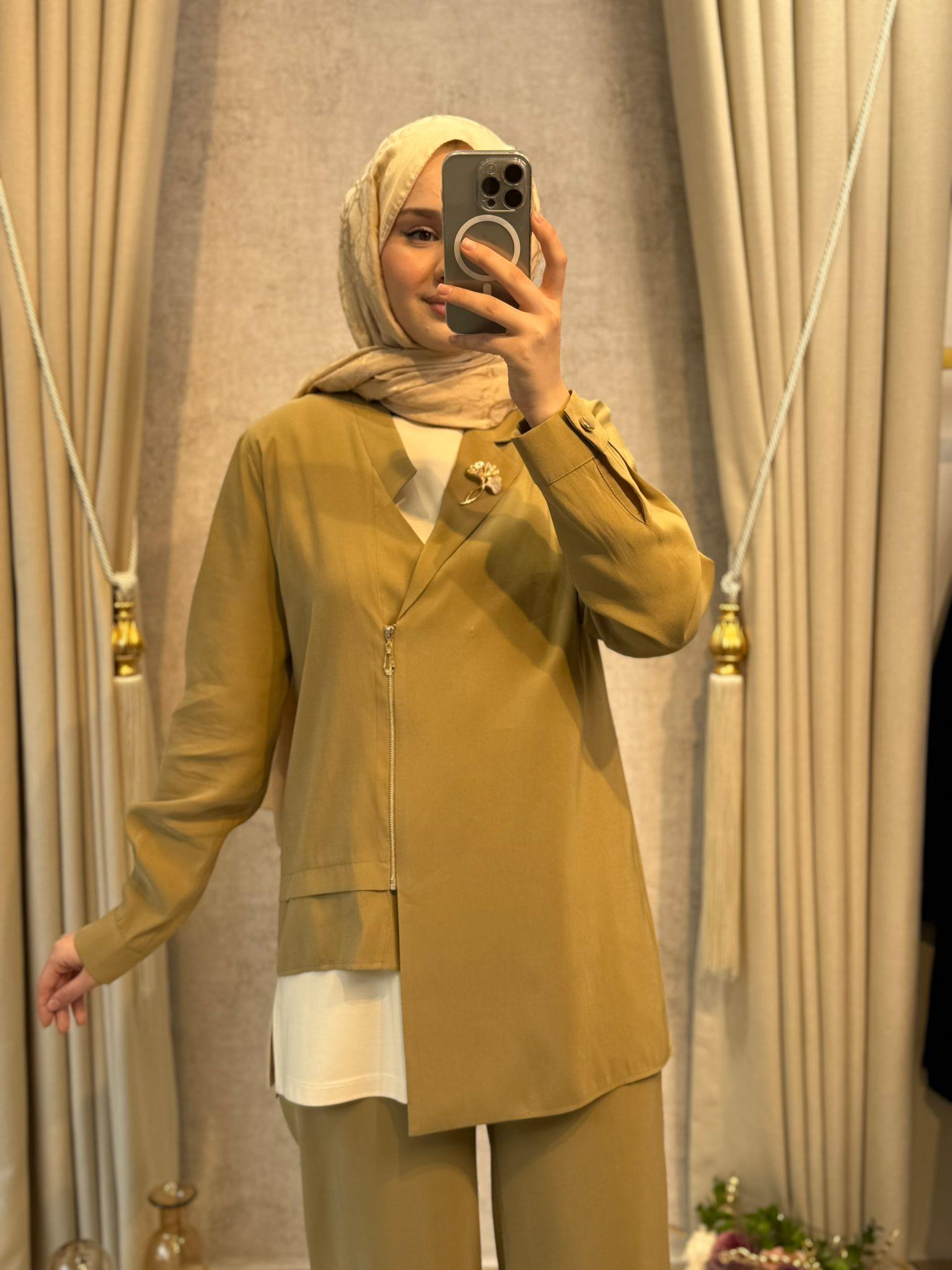 Tığ Triko 5099 Asimetrik Yakalı 3lü Pantolonlu Takım Olive
