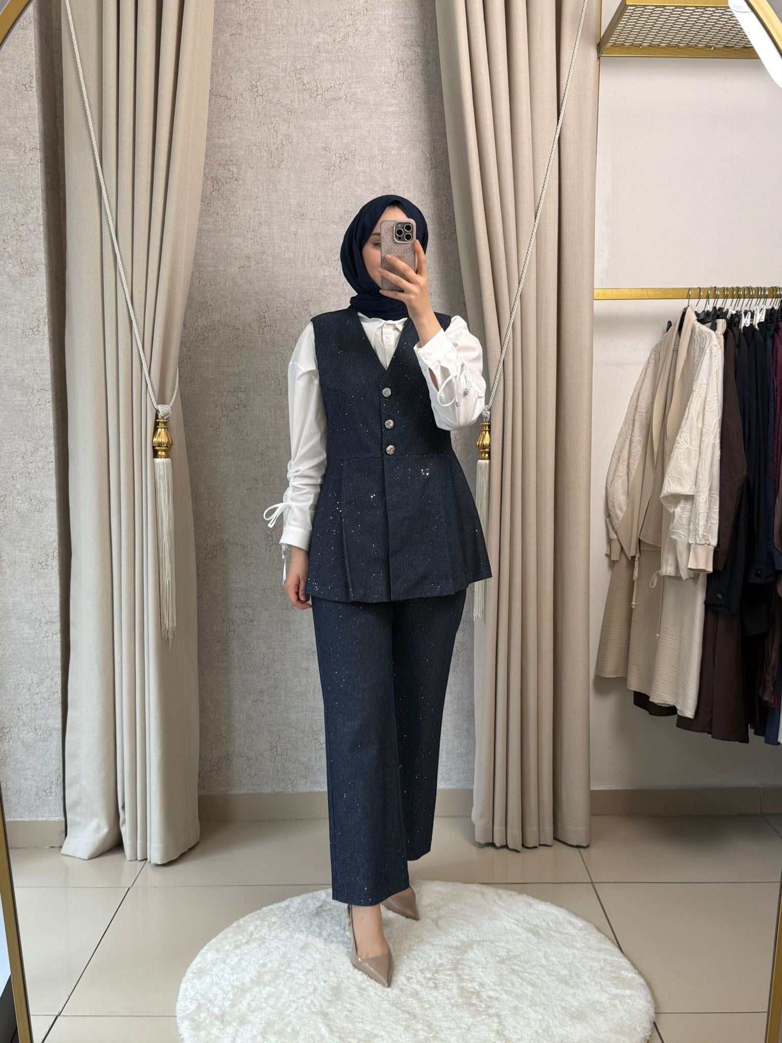 Tığ Triko 5129 Glitter Baskılı Yelek Pantolon Denim Lacivert