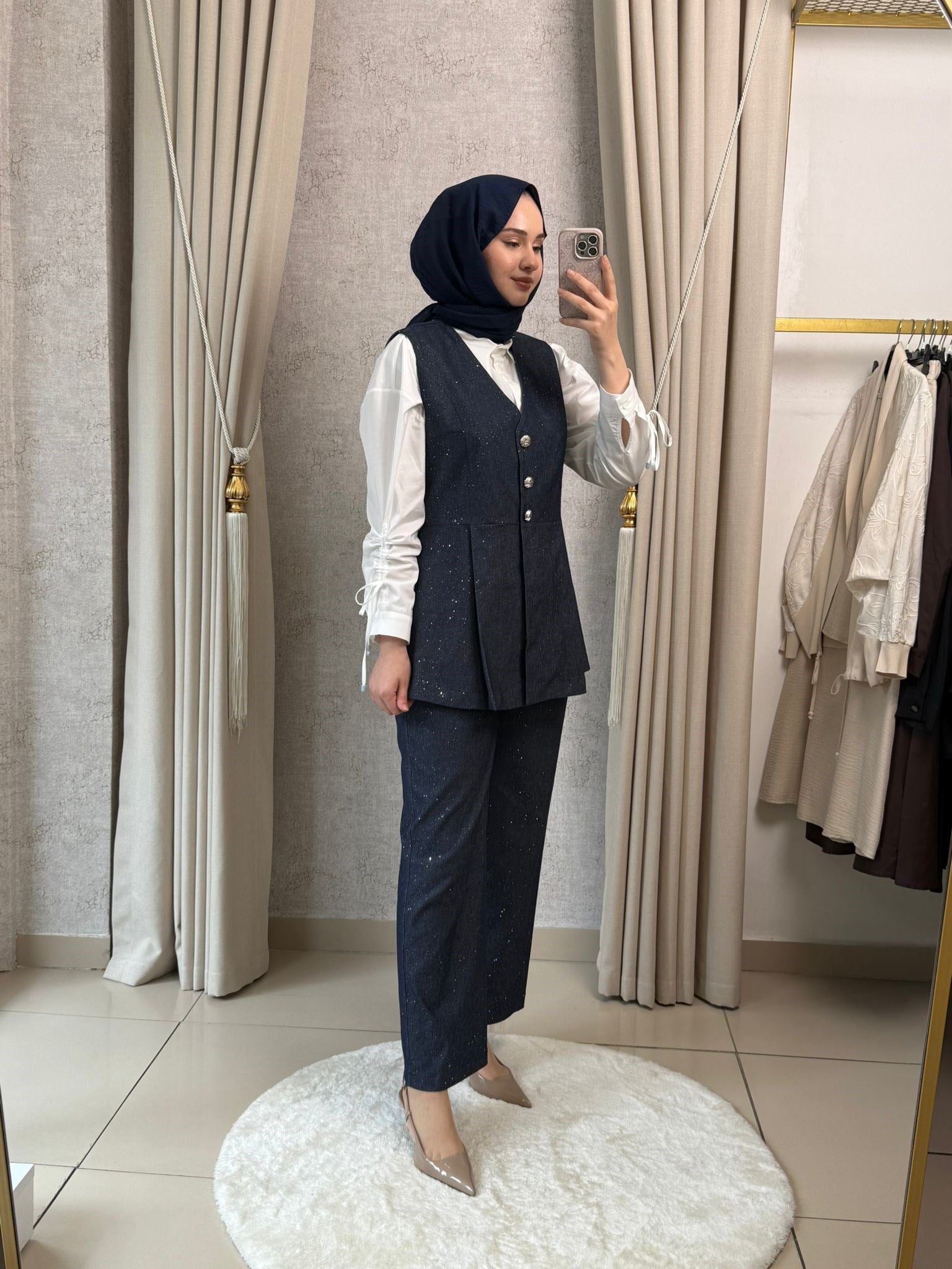 Tığ Triko 5129 Glitter Baskılı Yelek Pantolon Denim Lacivert