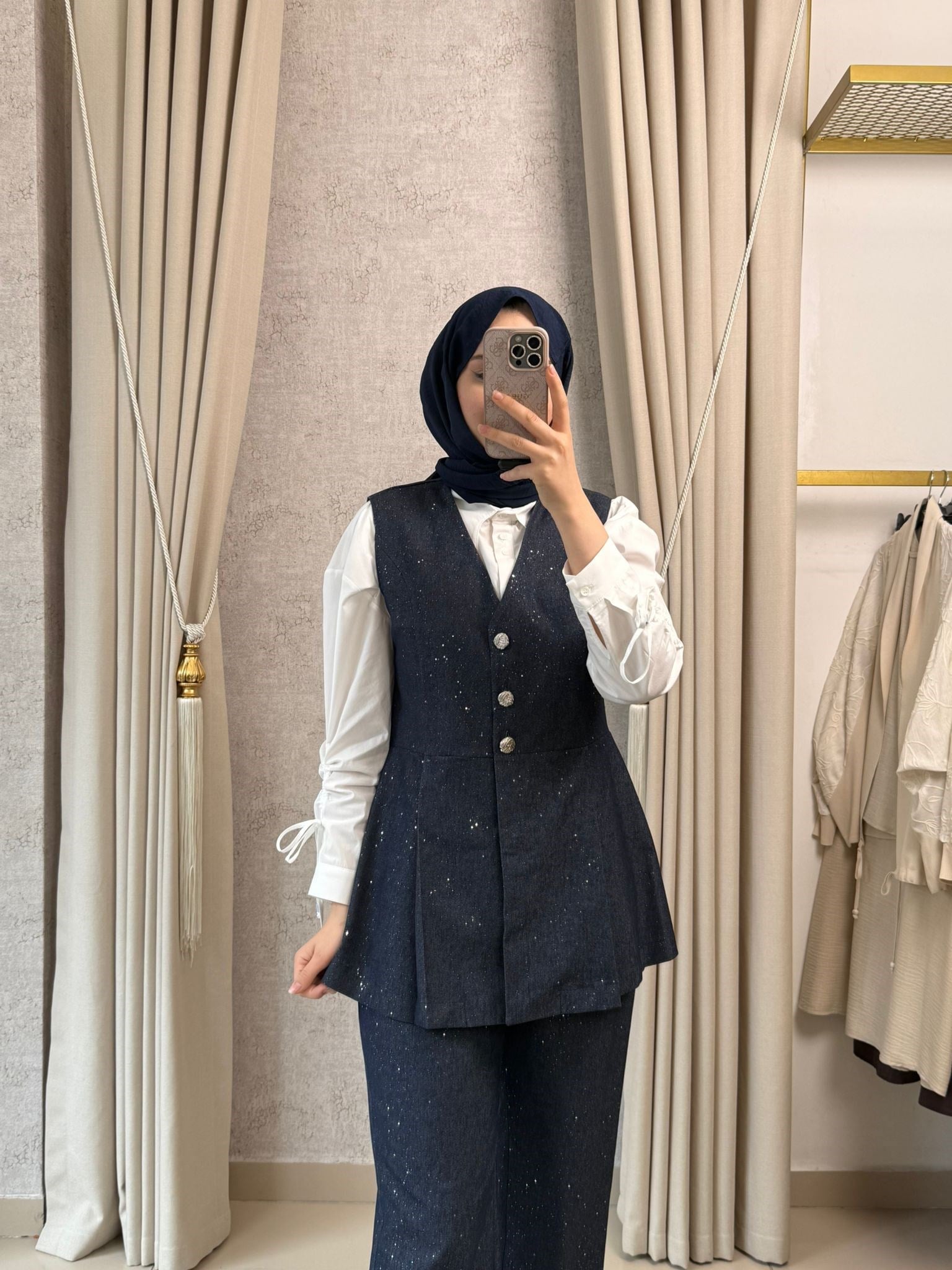 Tığ Triko 5129 Glitter Baskılı Yelek Pantolon Denim Lacivert