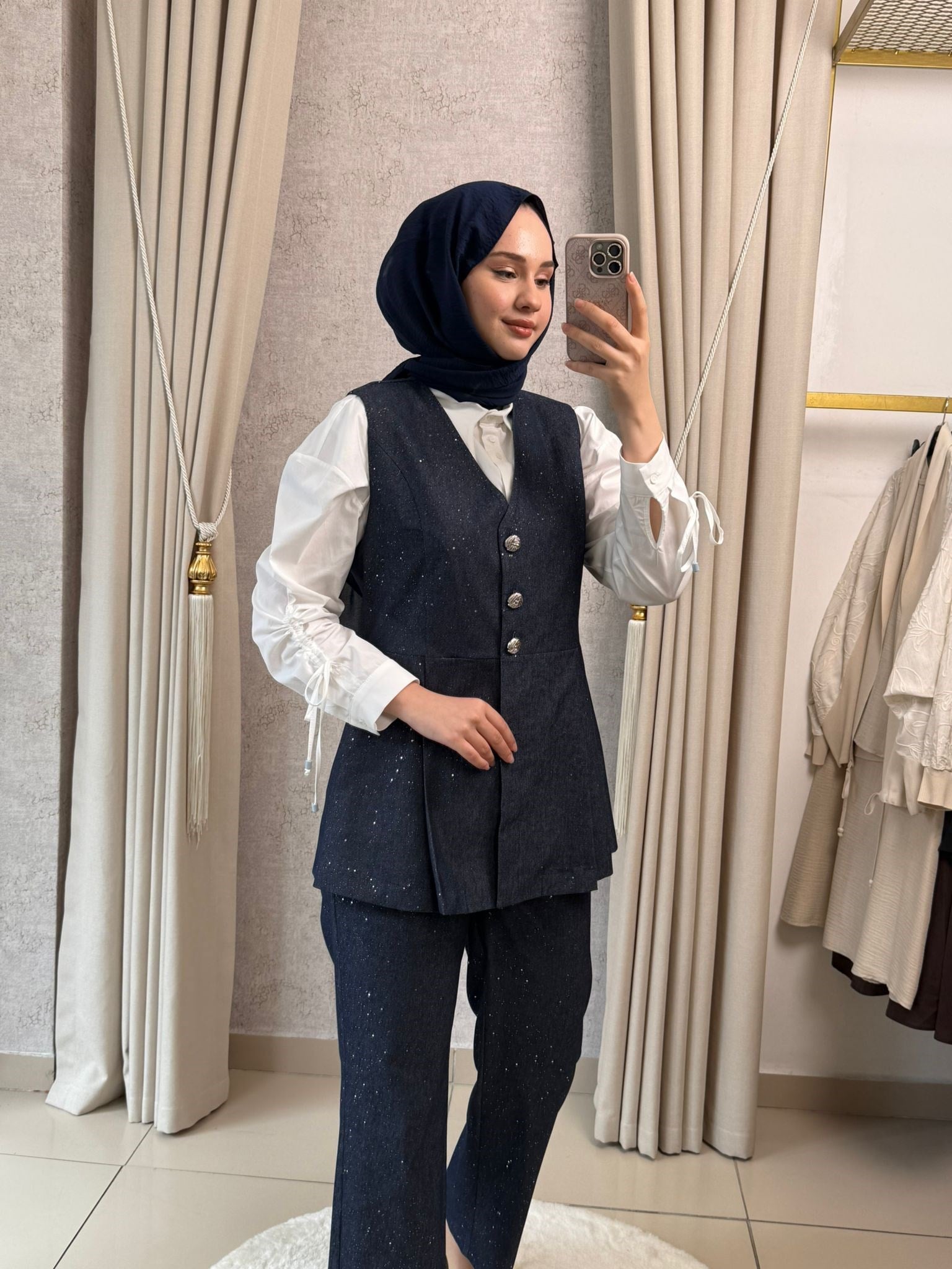 Tığ Triko 5129 Glitter Baskılı Yelek Pantolon Denim Lacivert