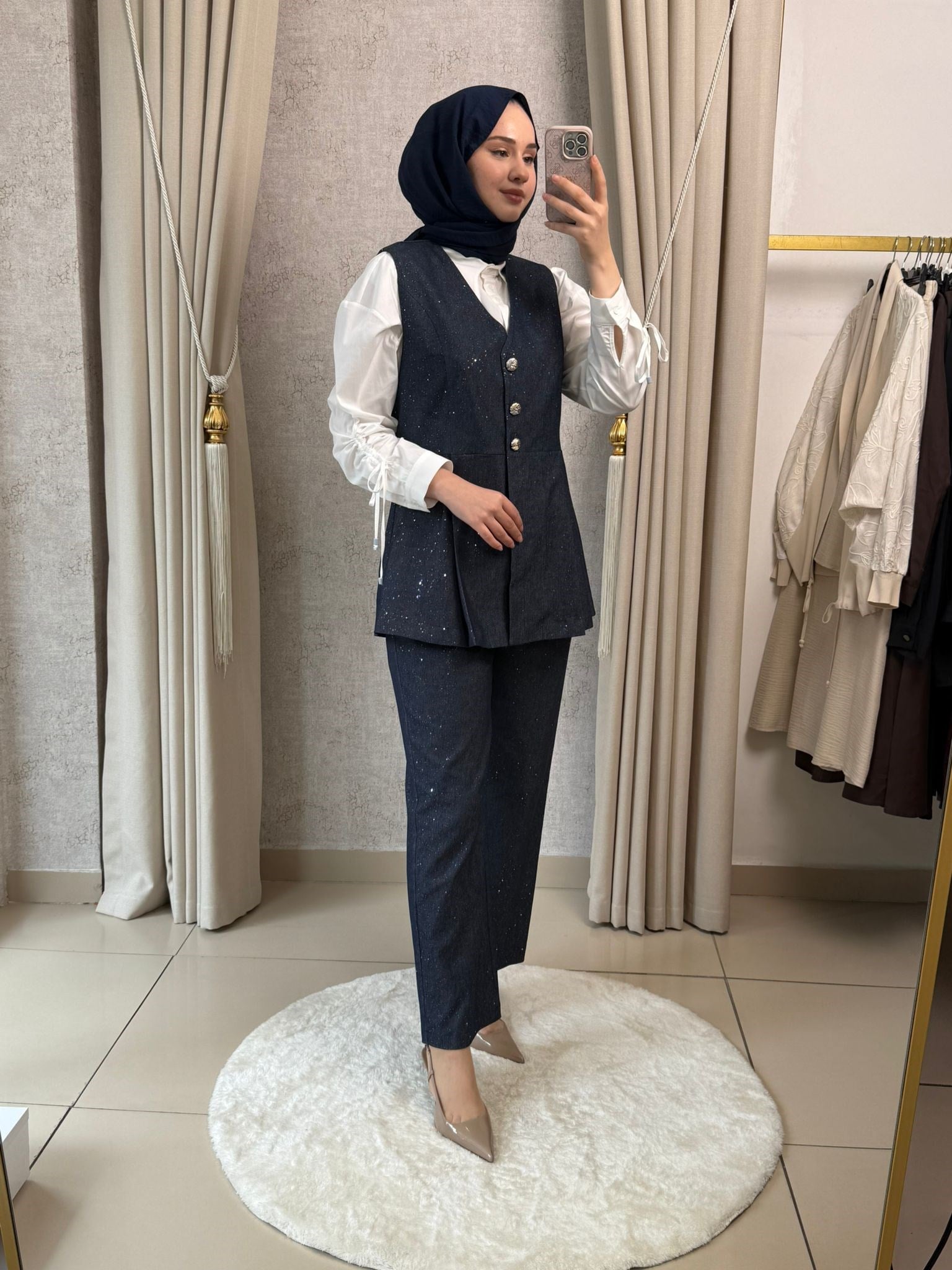 Tığ Triko 5129 Glitter Baskılı Yelek Pantolon Denim Lacivert