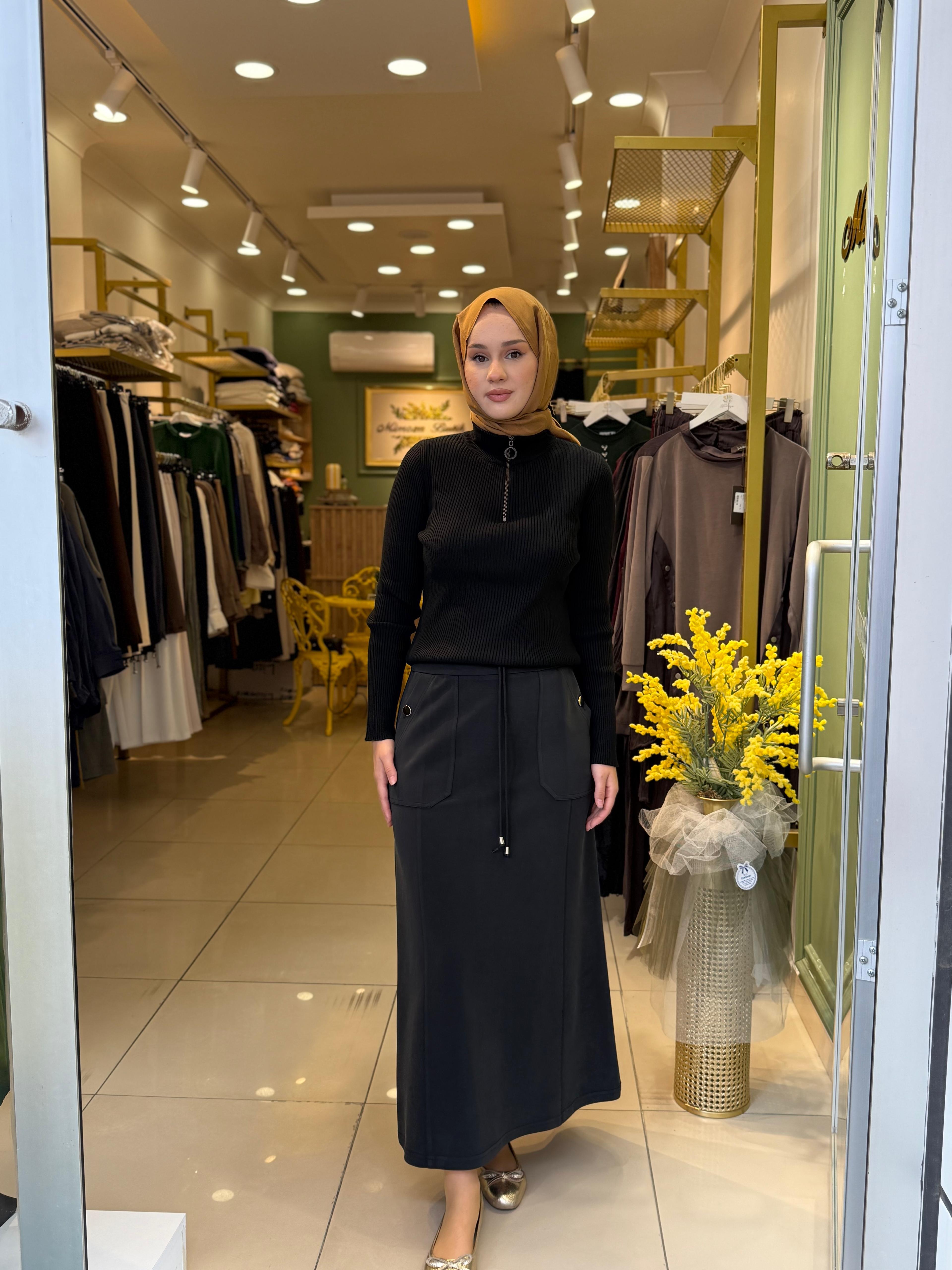 Sentez Elenna Cep Düğmeli Çan Etek 5472 Siyah