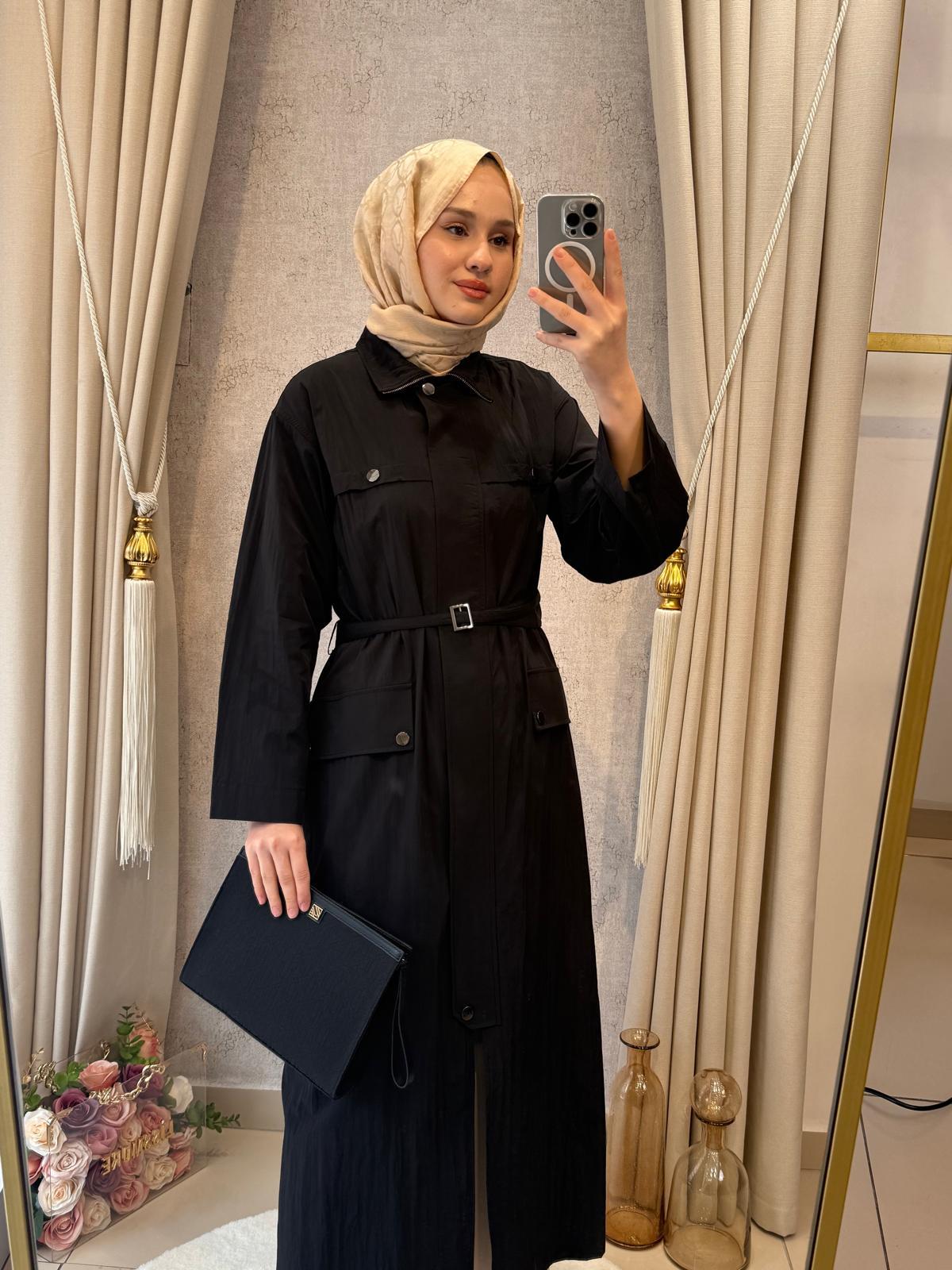 Wennora 1035 Doğal Kumaş Trenchkot Siyah