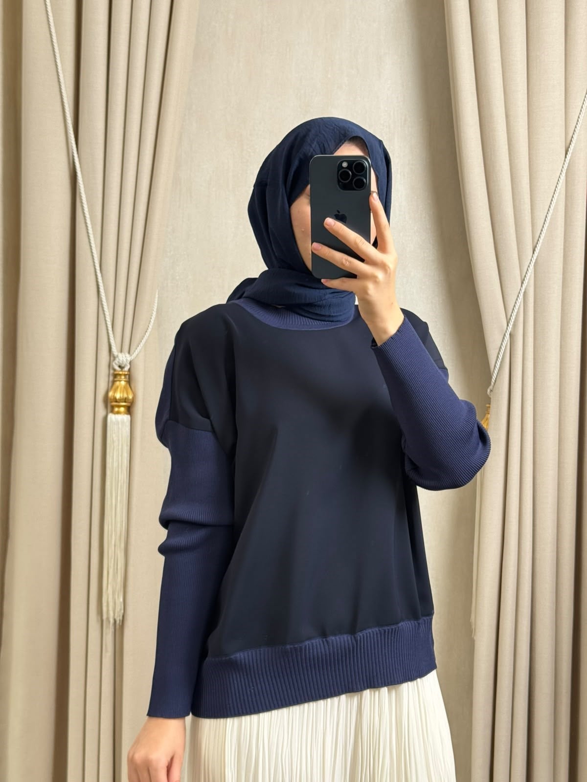 GHİSA 4907 Yaka ve Kol Triko Detay Tunik Lacivert
