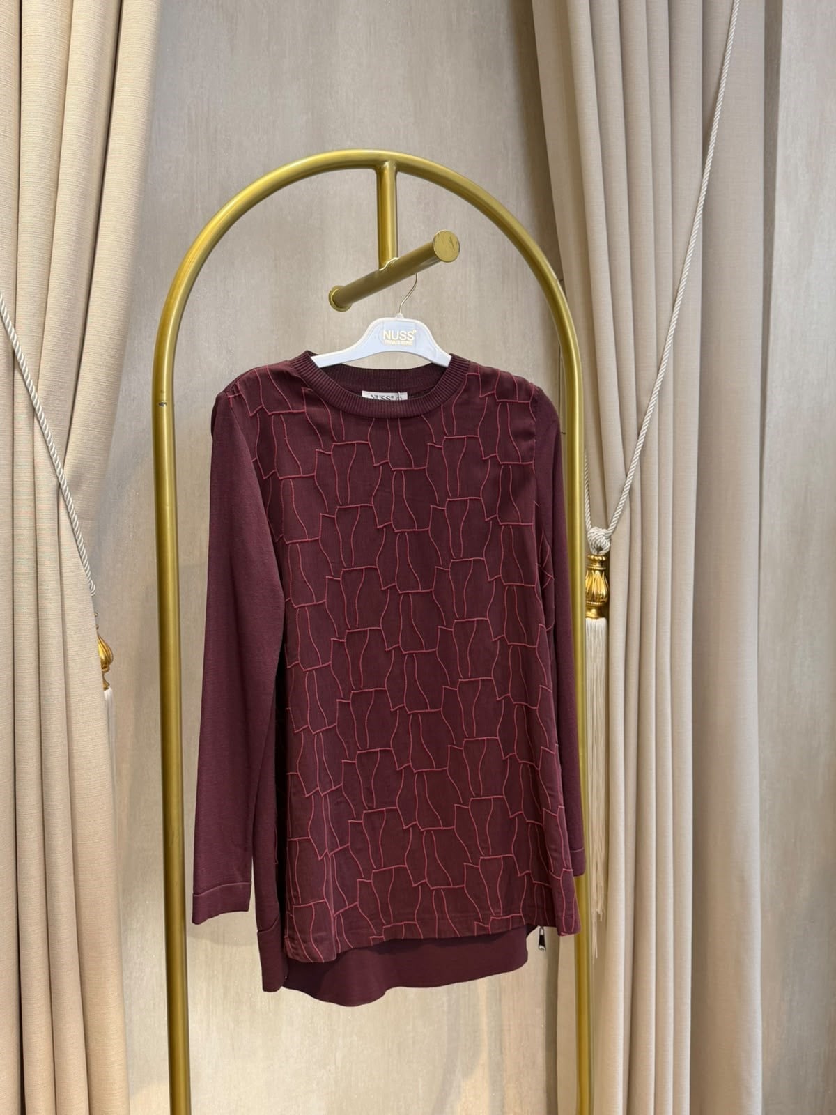 NUSS 3041 Yanı Fermuarlı Kupra Detay Merserize Tunik Bordo