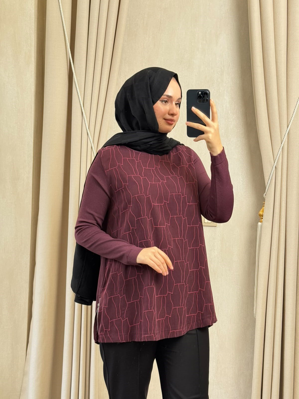 NUSS 3041 Yanı Fermuarlı Kupra Detay Merserize Tunik Bordo