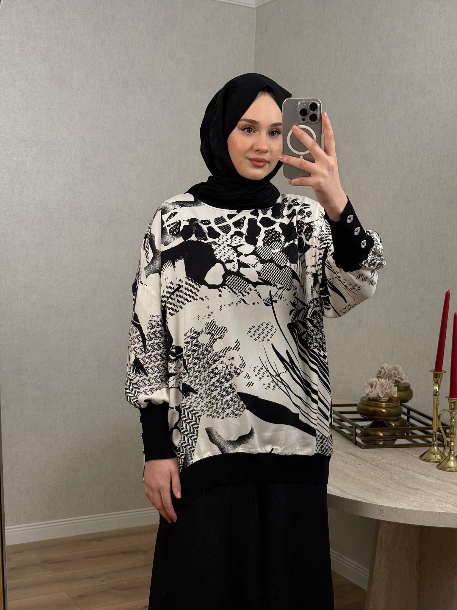 Tığ Triko 3060 Manşetleri Düğmeli Triko Ribanalı Tunik Siyah