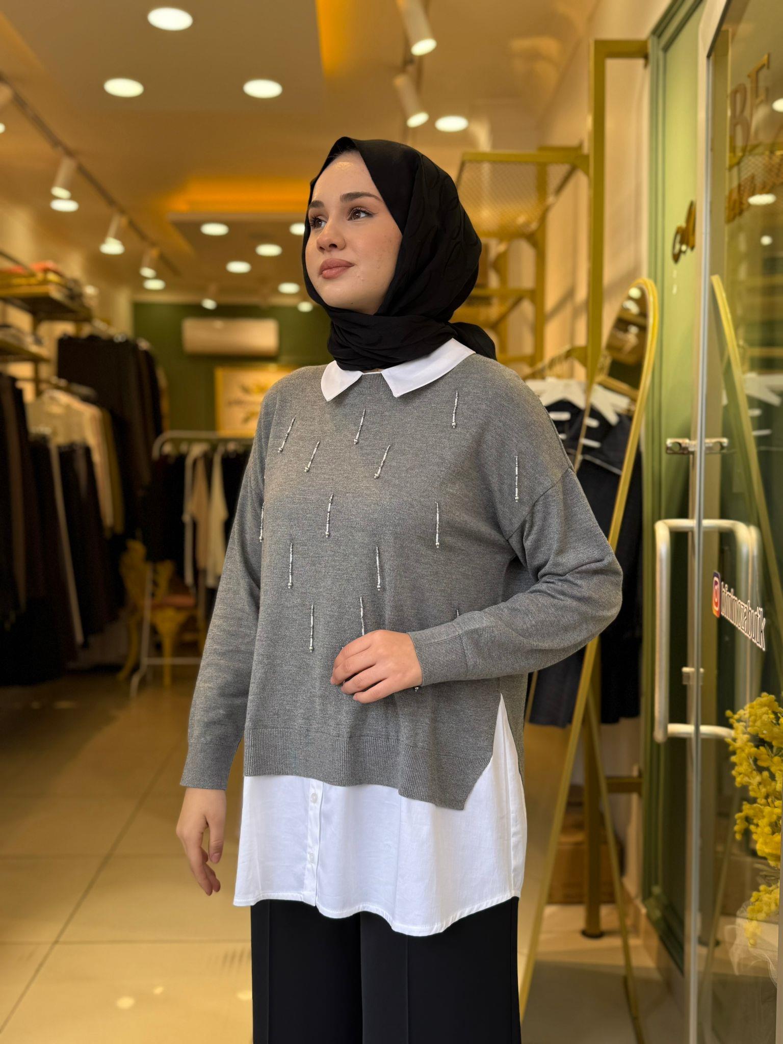 Tığ Triko Boncuk İşlemeli Gömlek Yaka Tunik 21704 Gri