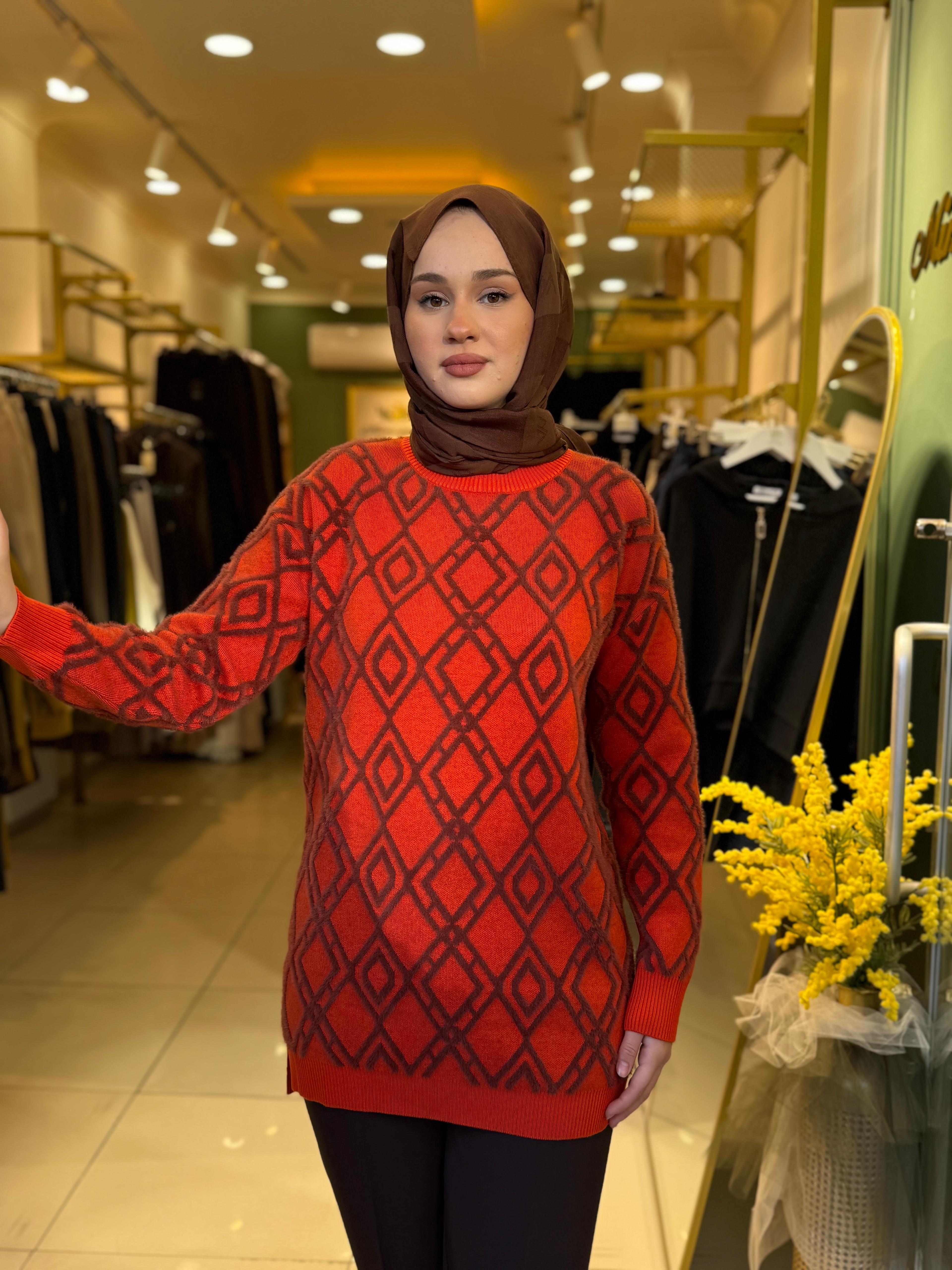 Tığ Triko Desenli Sıfır Yaka Tunik 21614 Turuncu