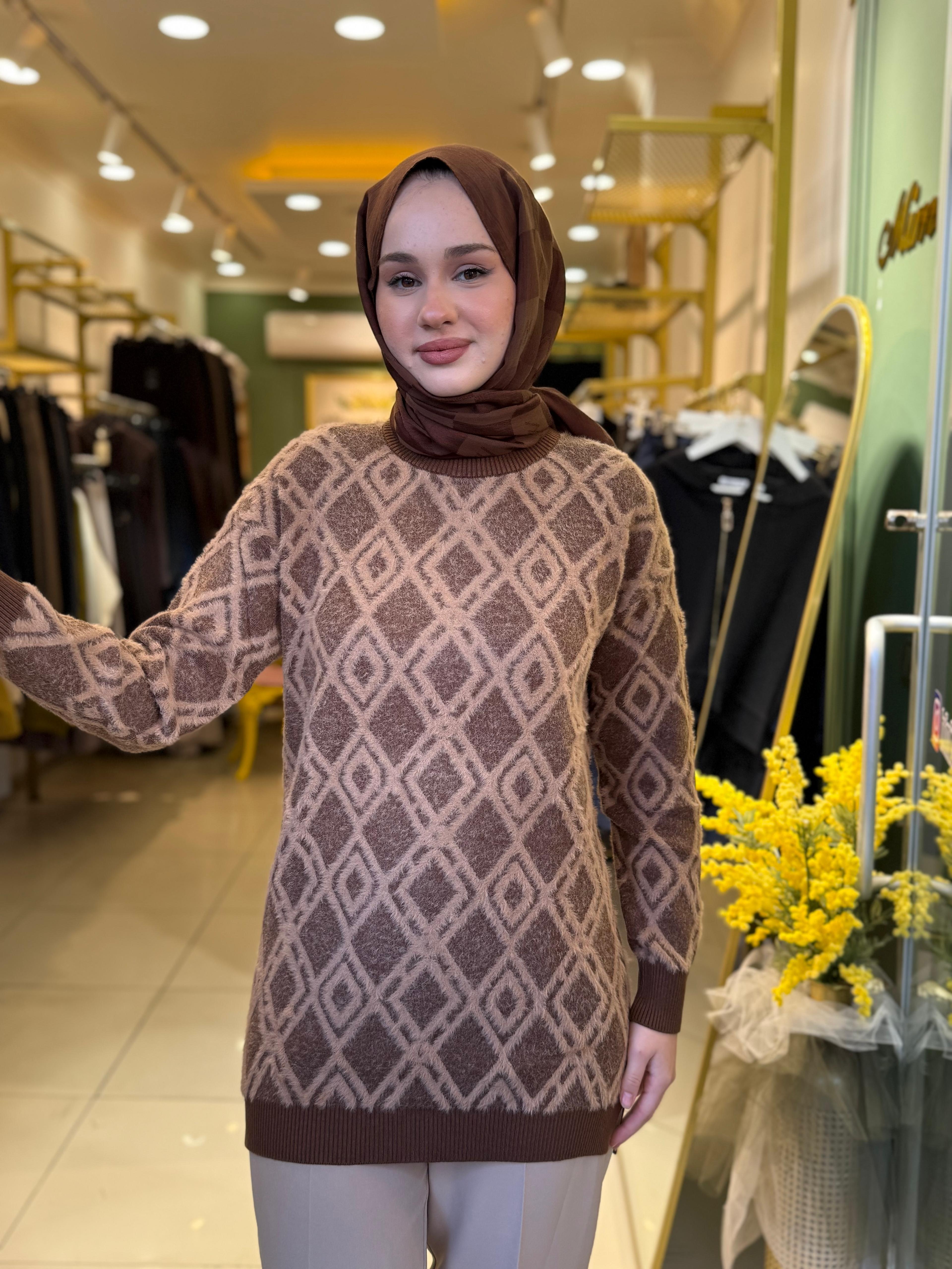 Tığ Triko Desenli Sıfır Yaka Tunik 21614 Kahverengi