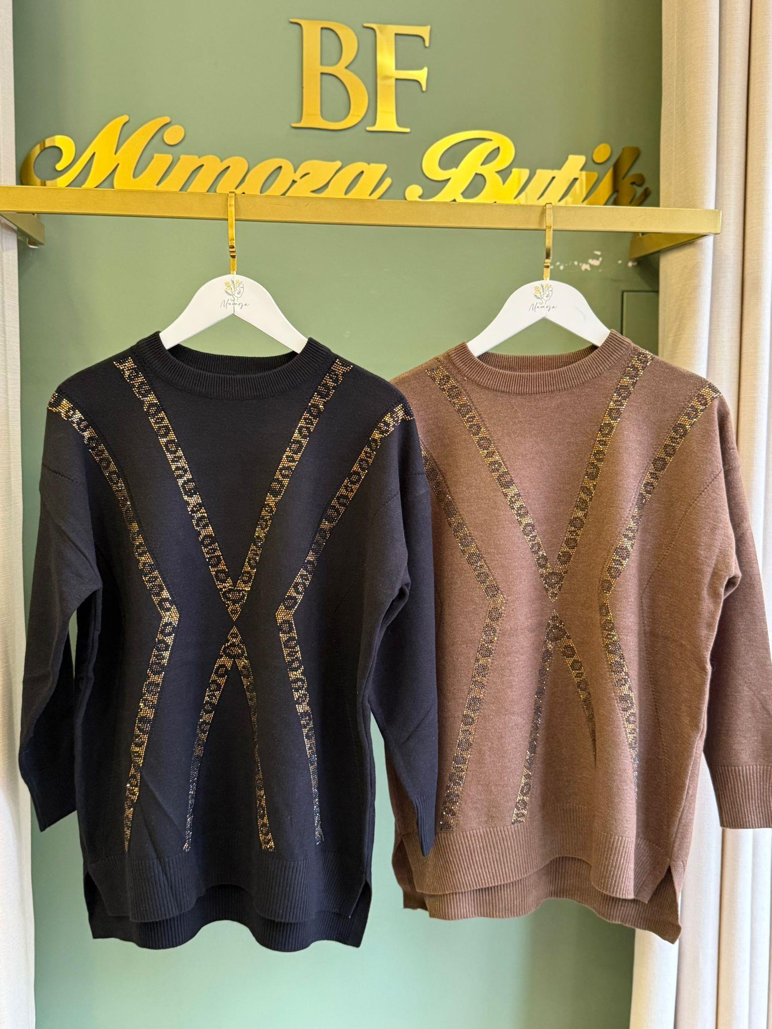 Tığ Triko Leopar Taşlı Tunik 21763 Siyah