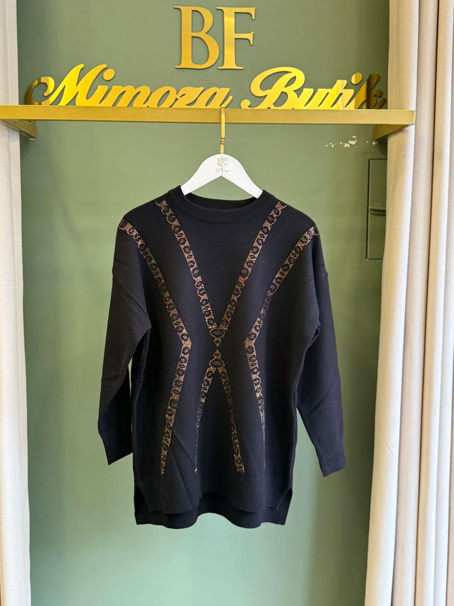 Tığ Triko Leopar Taşlı Tunik 21763 Siyah