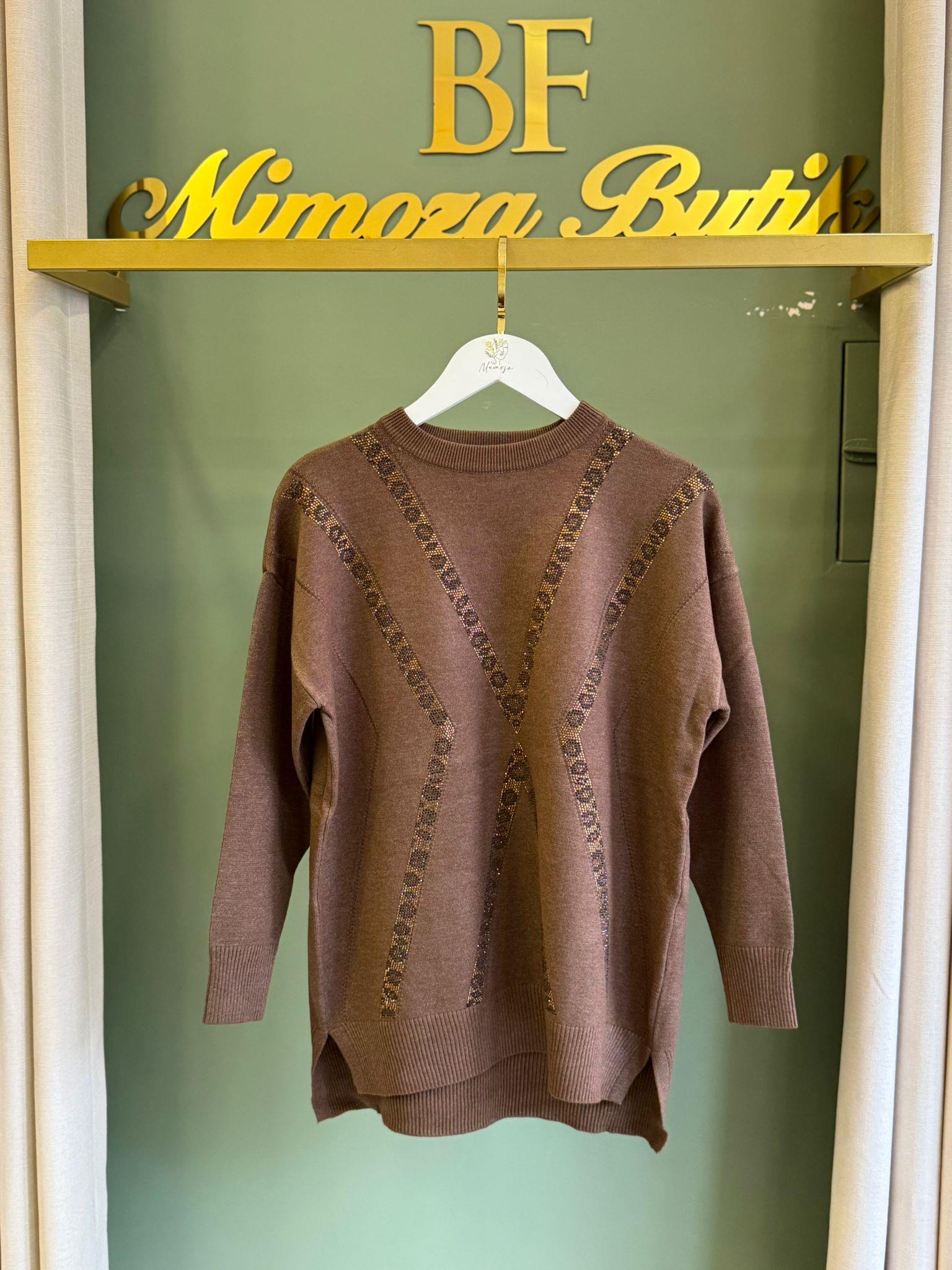 Tığ Triko Leopar Taşlı Tunik 21763 Kahverengi