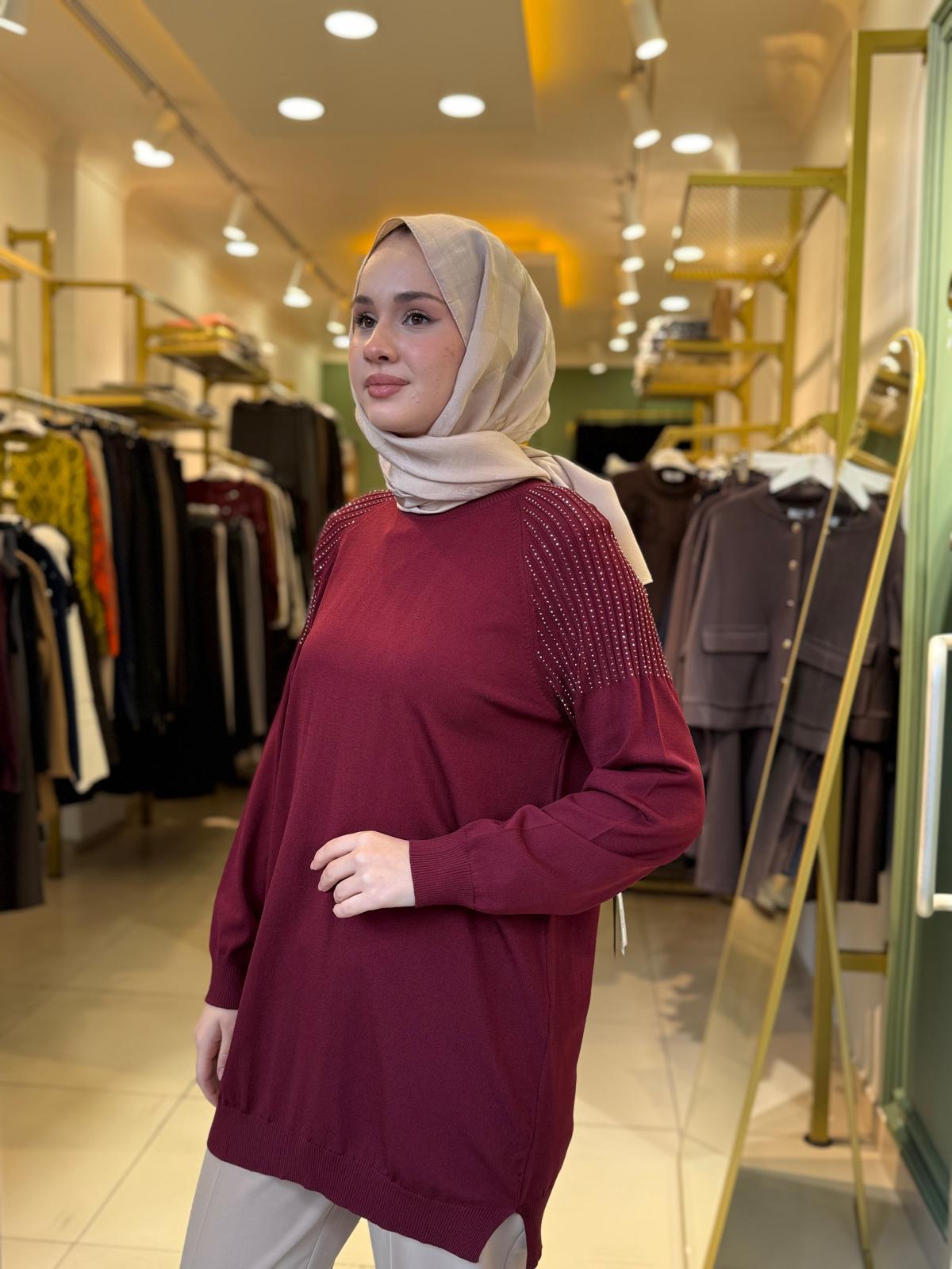 Tığ Triko Omuzlar Taş Baskılı Rayon Tunik 21723 Bordo
