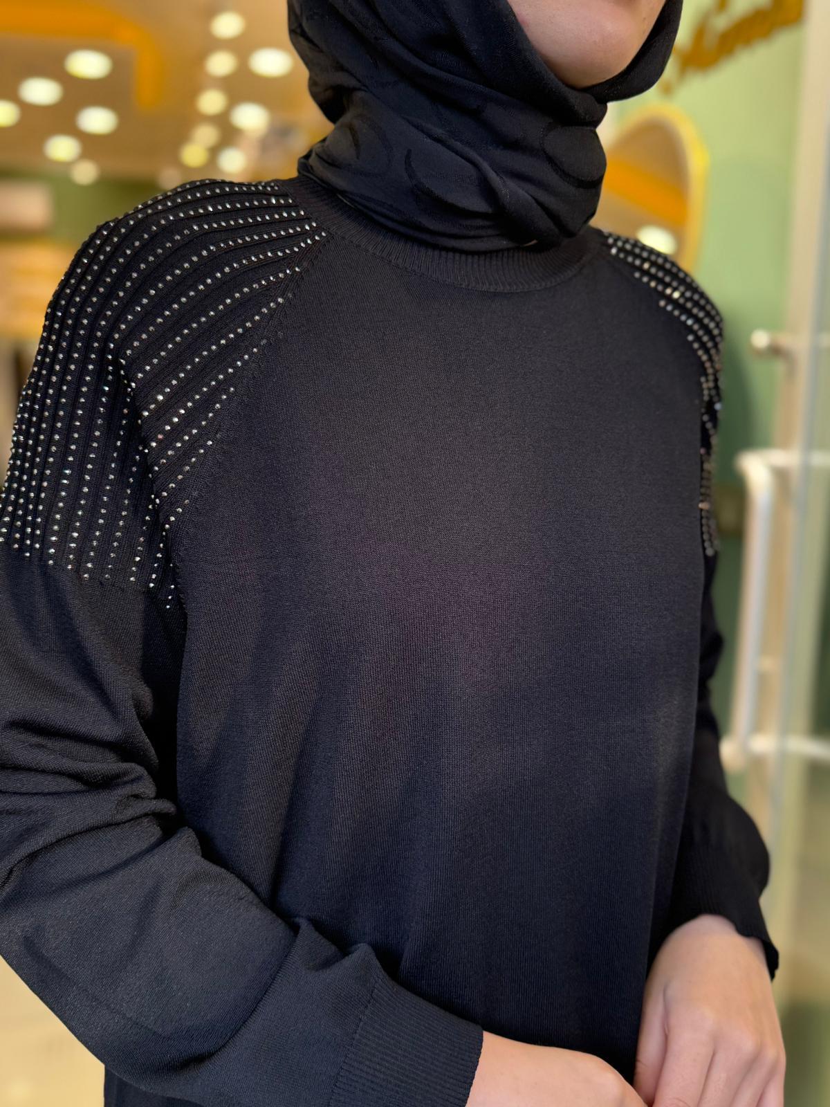Tığ Triko Omuzlar Taş Baskılı Rayon Tunik 21723 Siyah