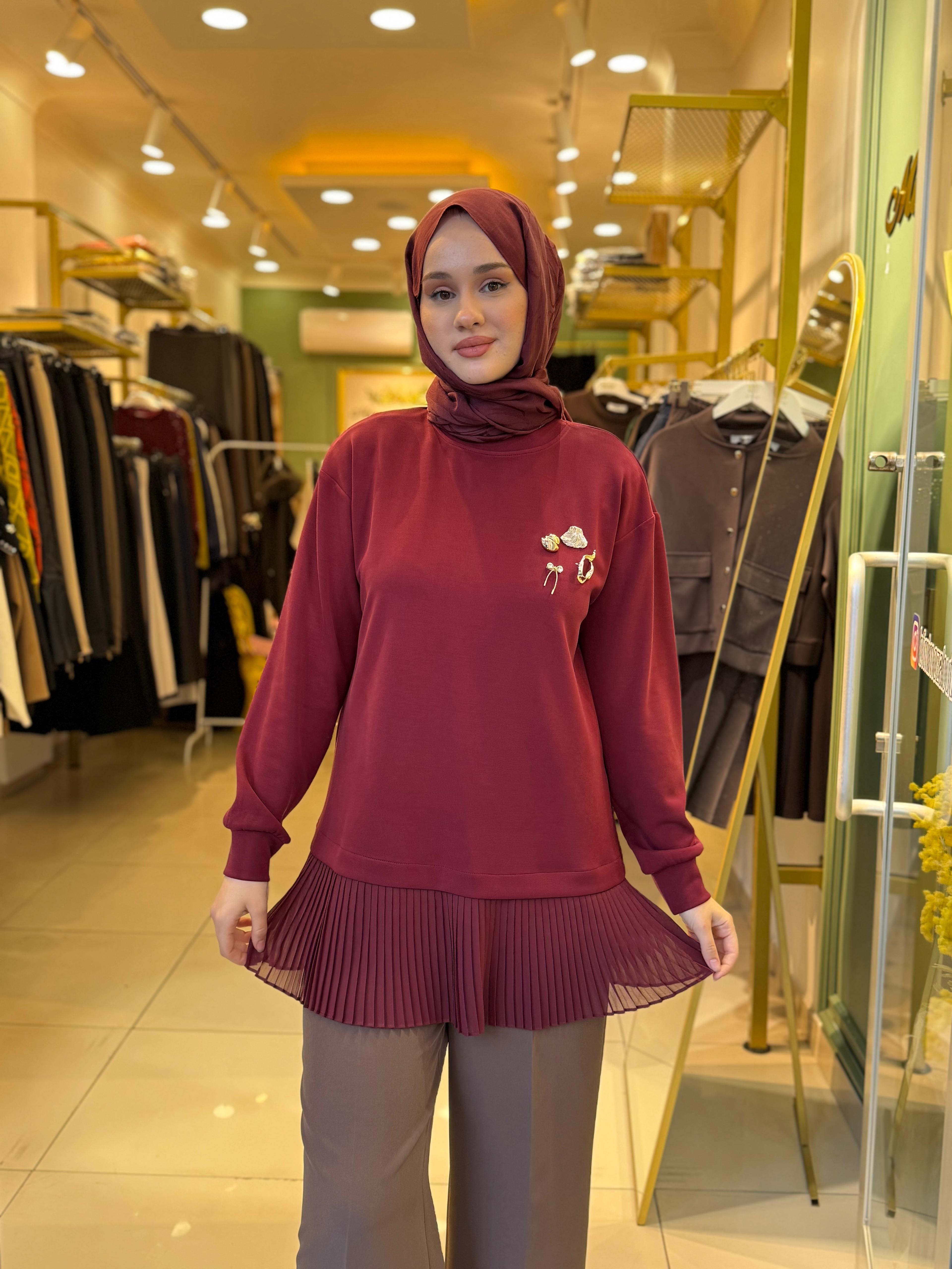 Tığ Triko Plise Detaylı Aksesuarlı Tunik 4012 Bordo