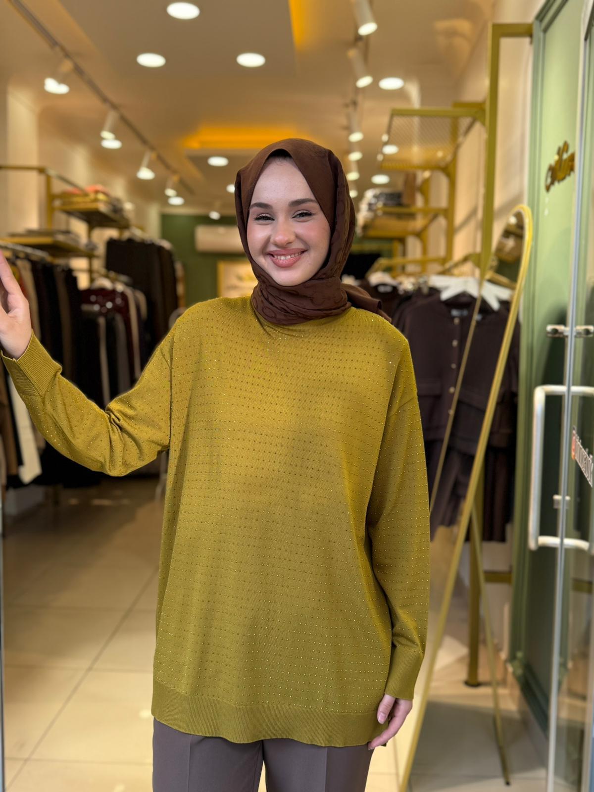 Tığ Triko Taş Baskılı Rayon Tunik 21717 Asit Yeşili