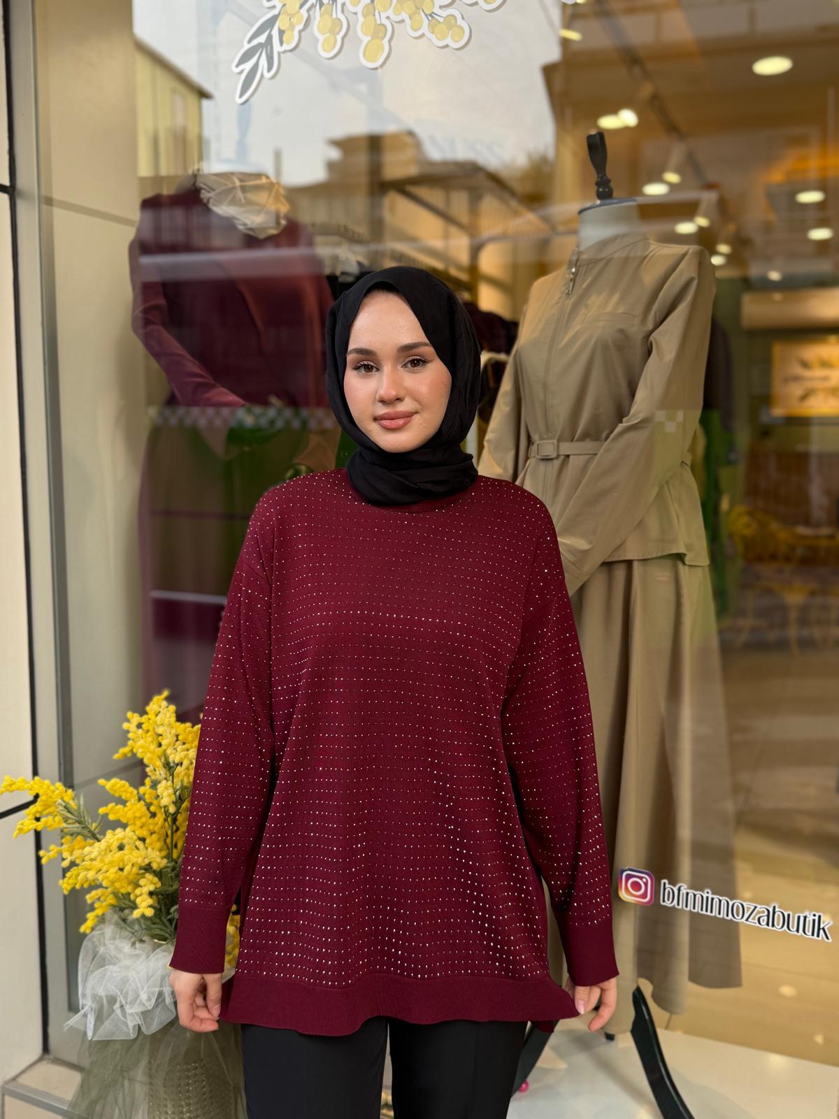 Tığ Triko Taş Baskılı Rayon Tunik 21717 Bordo