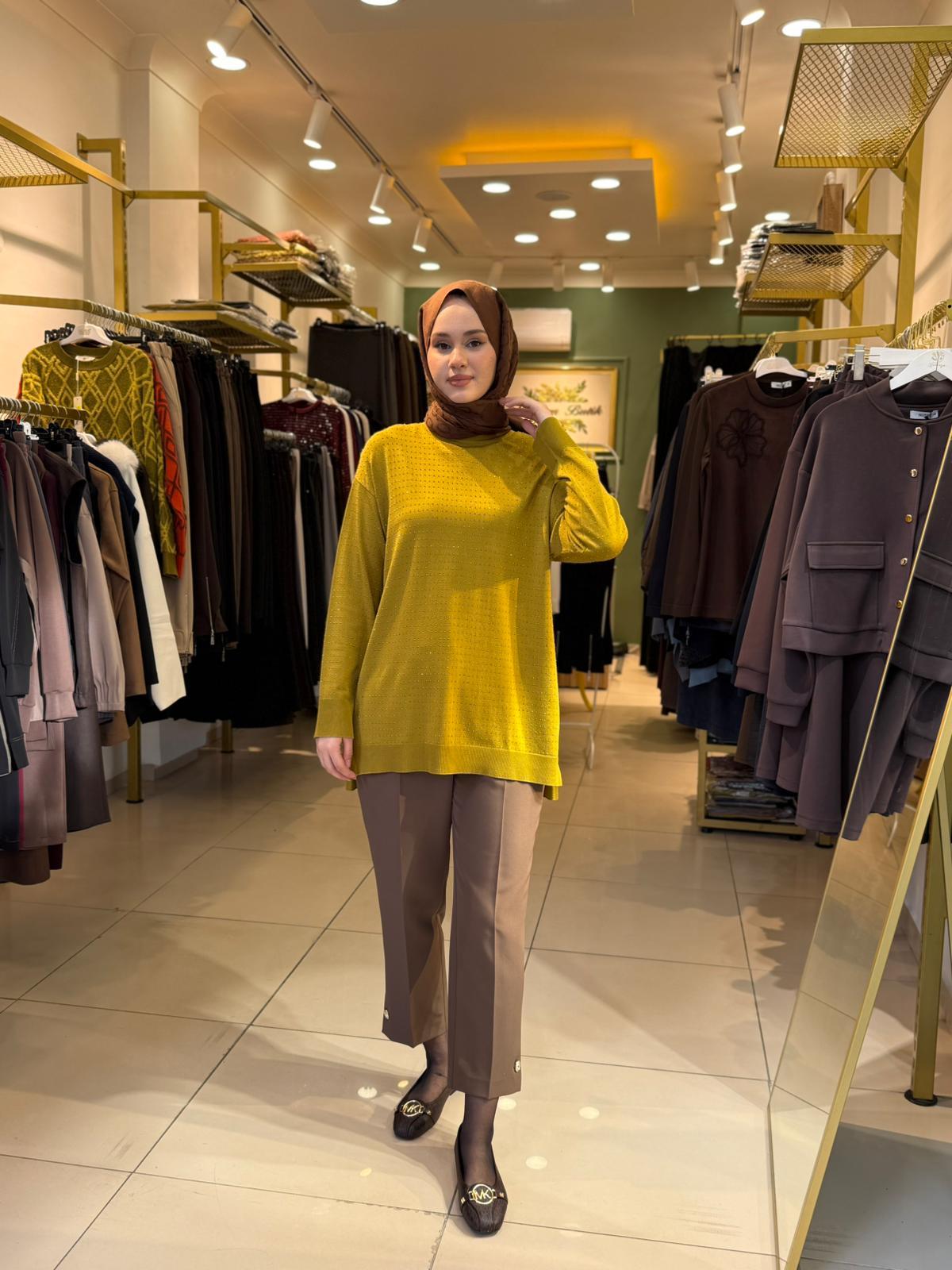 Tığ Triko Taş Baskılı Rayon Tunik 21717 Asit Yeşili