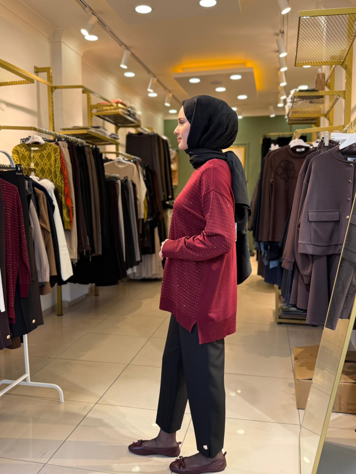 Tığ Triko Taş Baskılı Rayon Tunik 21717 Bordo