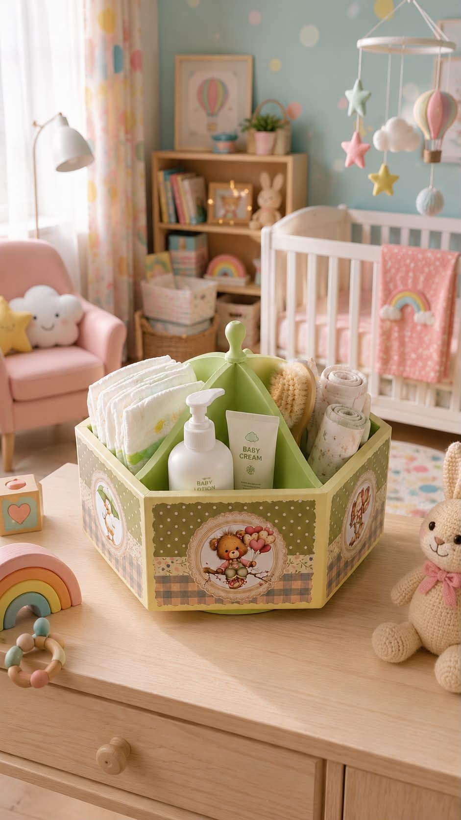 ElBoyaması Dönen Ahşap Bebek Odası Bakım Organizeri - Soft Yeşil & Krem