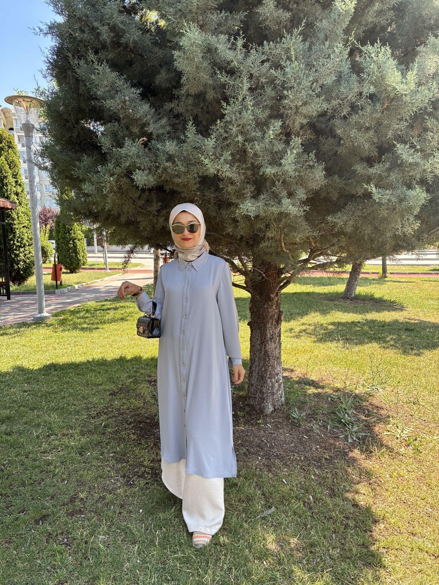 Gri Yaka Taşlı Nihan Tunik