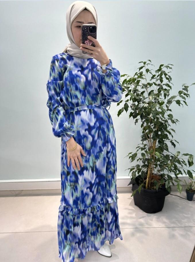 Mavi Desenli Kolları Büzgülü Elbise