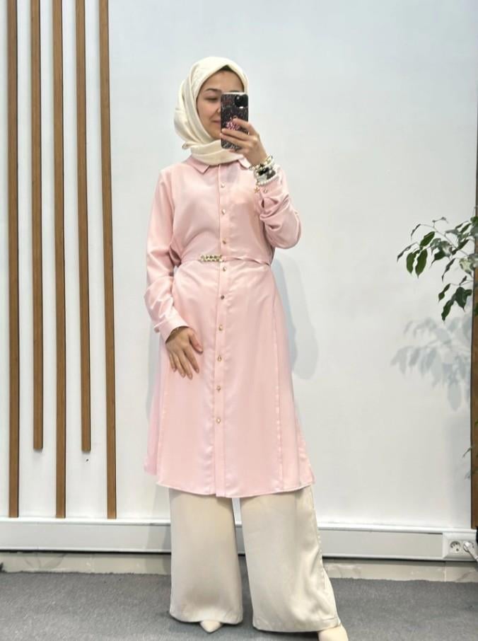 Pembe Gold Düğmeli Kemerli Tunik