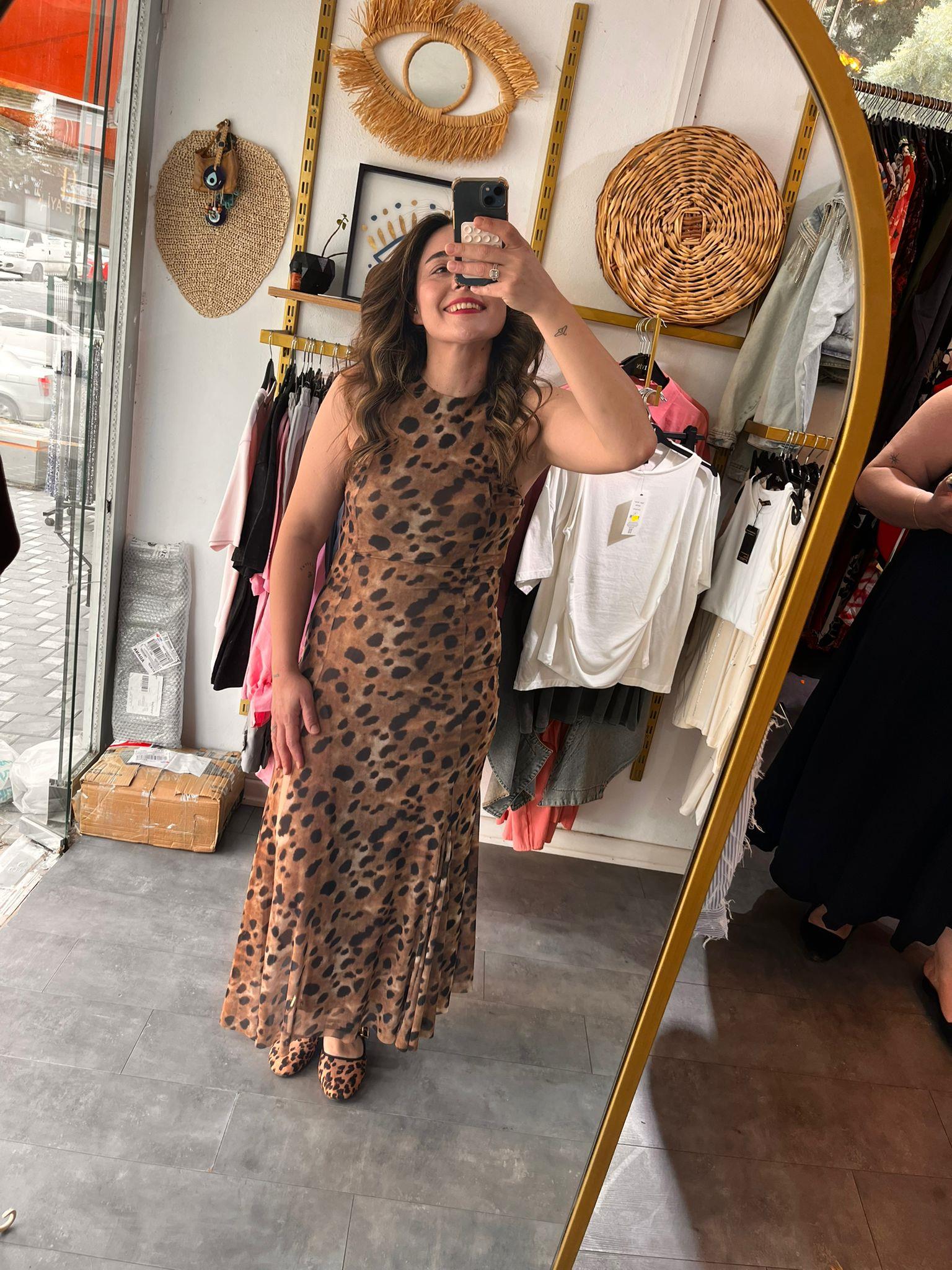 Leopar Asimetrik Kesim Elbise