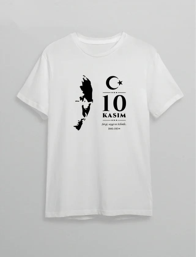 10 Kasım Atatürk Anma Günü Silüet Baskılı Oversize Bisiklet Yaka T-shirt - Beyaz