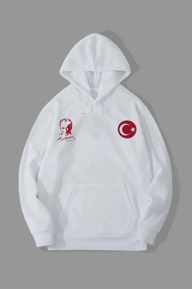 10 Kasıma Özel Üç İplik Kapşonlu Baskılı Sweatshirt - Beyaz