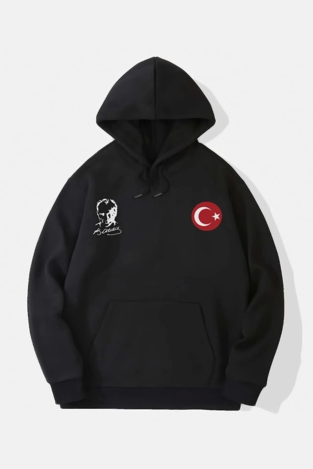 10 Kasıma Özel Üç İplik Kapşonlu Baskılı Sweatshirt - Siyah