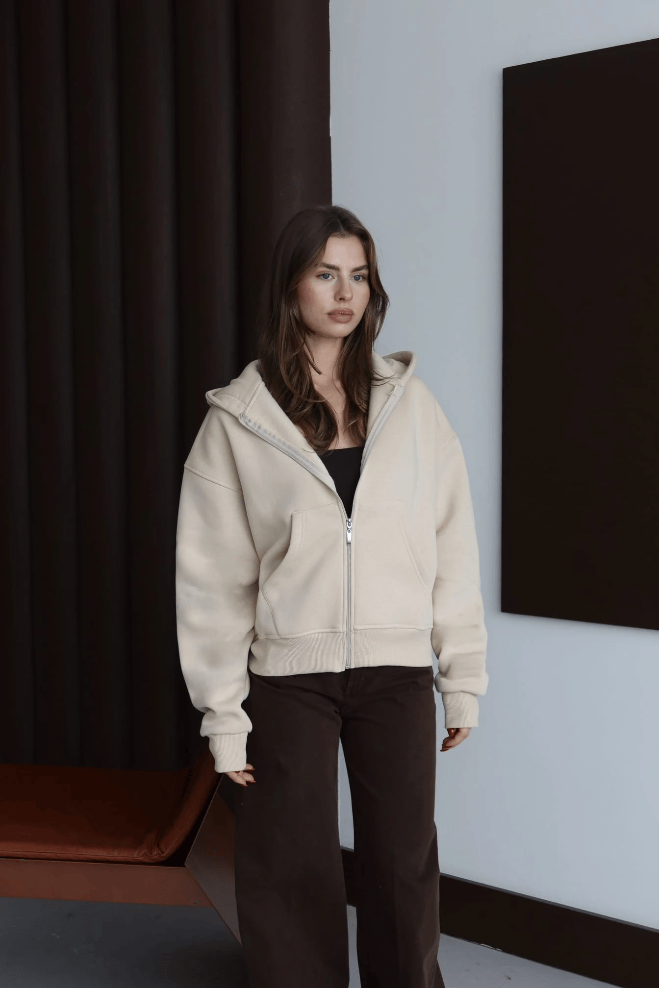3 İplik Şardonlu Kapşonlu Hoodie Frm Bej P510437