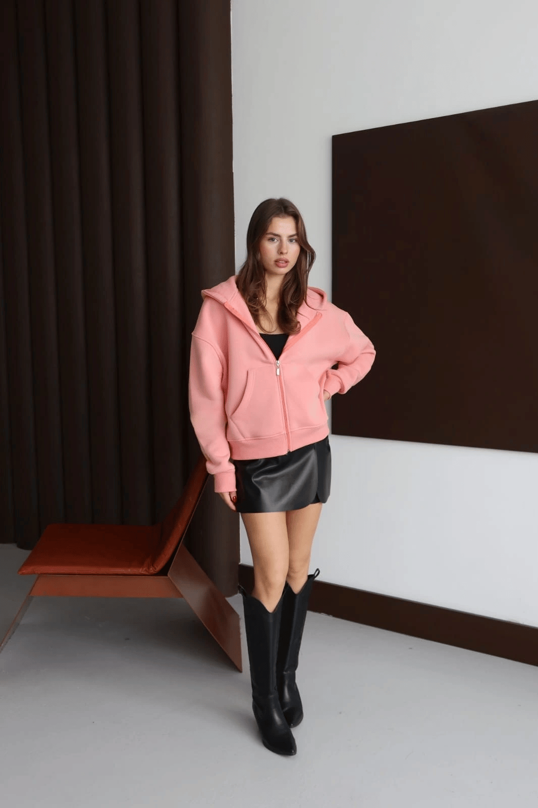 3 İplik Şardonlu Kapşonlu Hoodie Frm Somon P510437