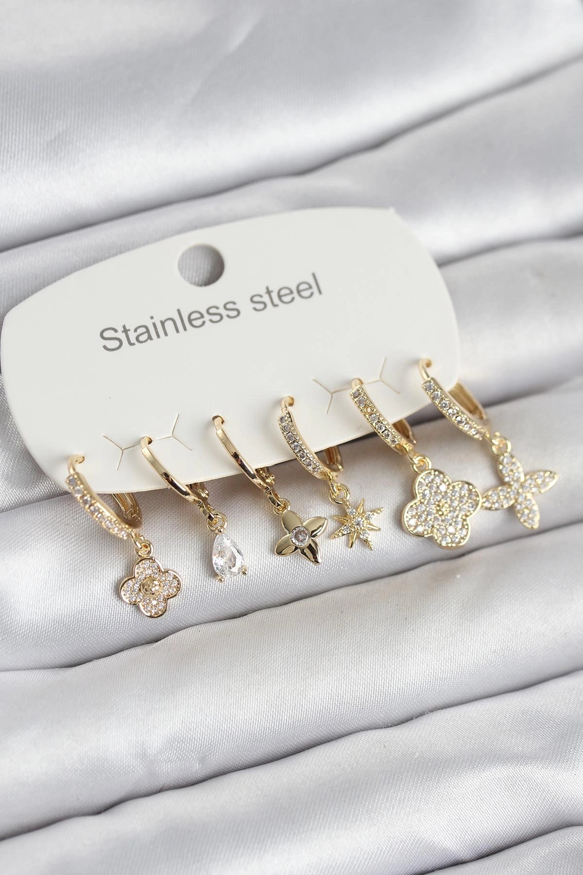 316l Çelik Gold Renk 6'lı Set Yonca Model Kadın Küpe
