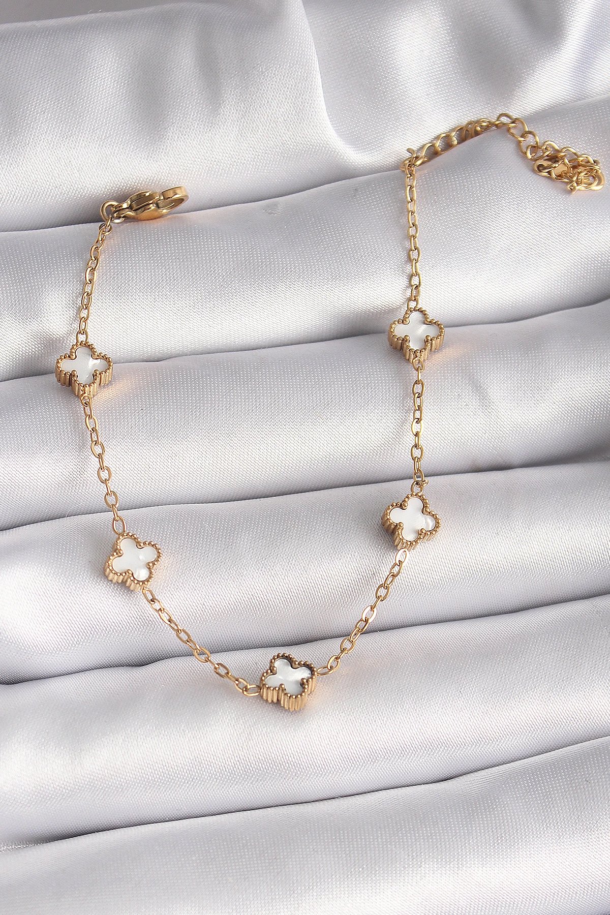 316l Çelik Gold Renk Beyaz Baby Boy Yonca Model Kadın Bileklik