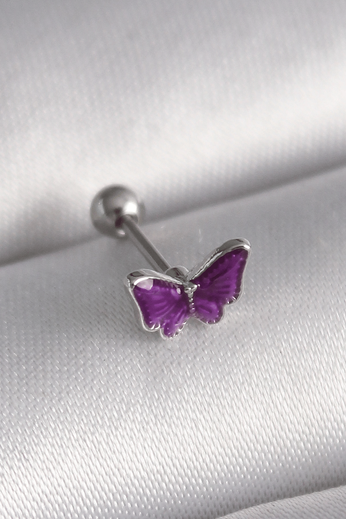 316l Çelik Gümüş Renk Mor Kelebek Model Tragus Piercing